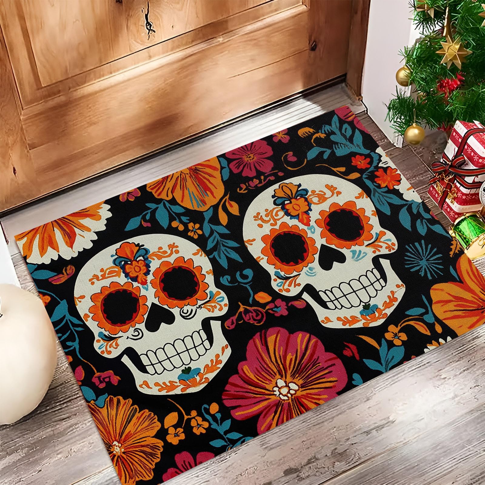 Paillasson absorbant antidérapant lavable motif crâne mexicain 80x120