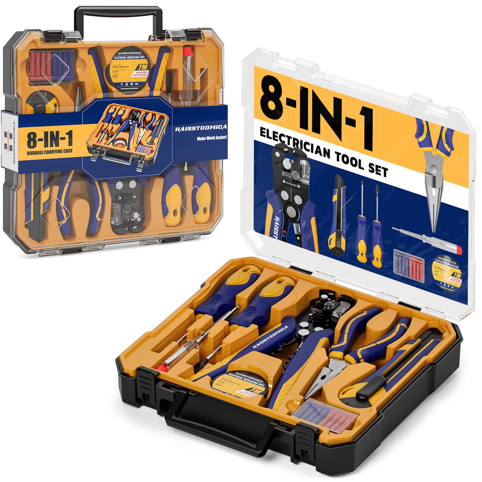 Haisstronica Kit Pince à Dénuder 8-en-1 – Ensemble d’Outils Professionnel pour Électriciens : Dénudeur Automatique, Pince à Bec, Tournevis, Testeur de Tension, Couteau, Ruban Isolant et Connecteurs