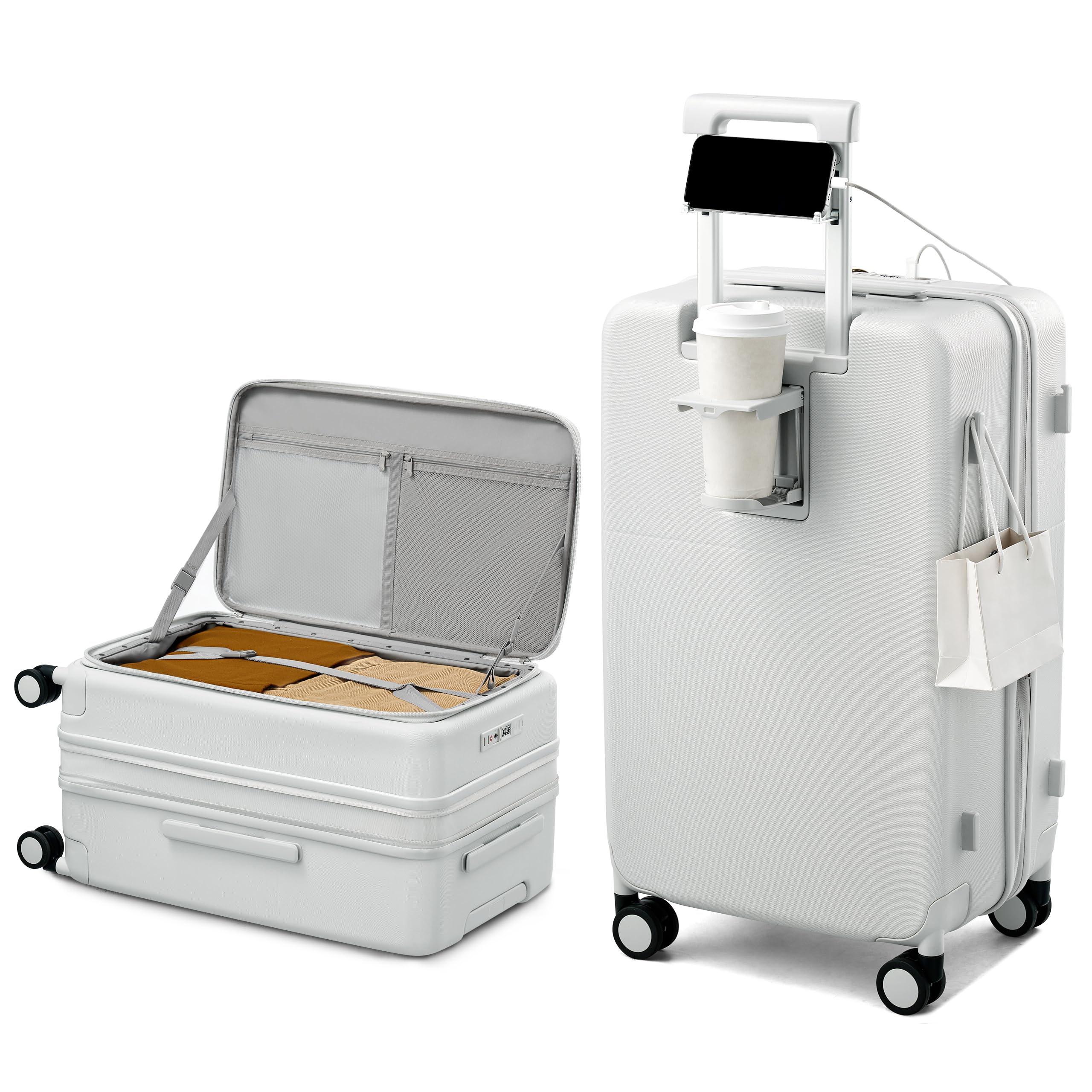 Hanke Equipaje extensible de apertura superior con portavasos y puertos USB, Blanco ahumado., Expandable 24 Inch, Equipaje de apertura superior con portavasos y puertos USB