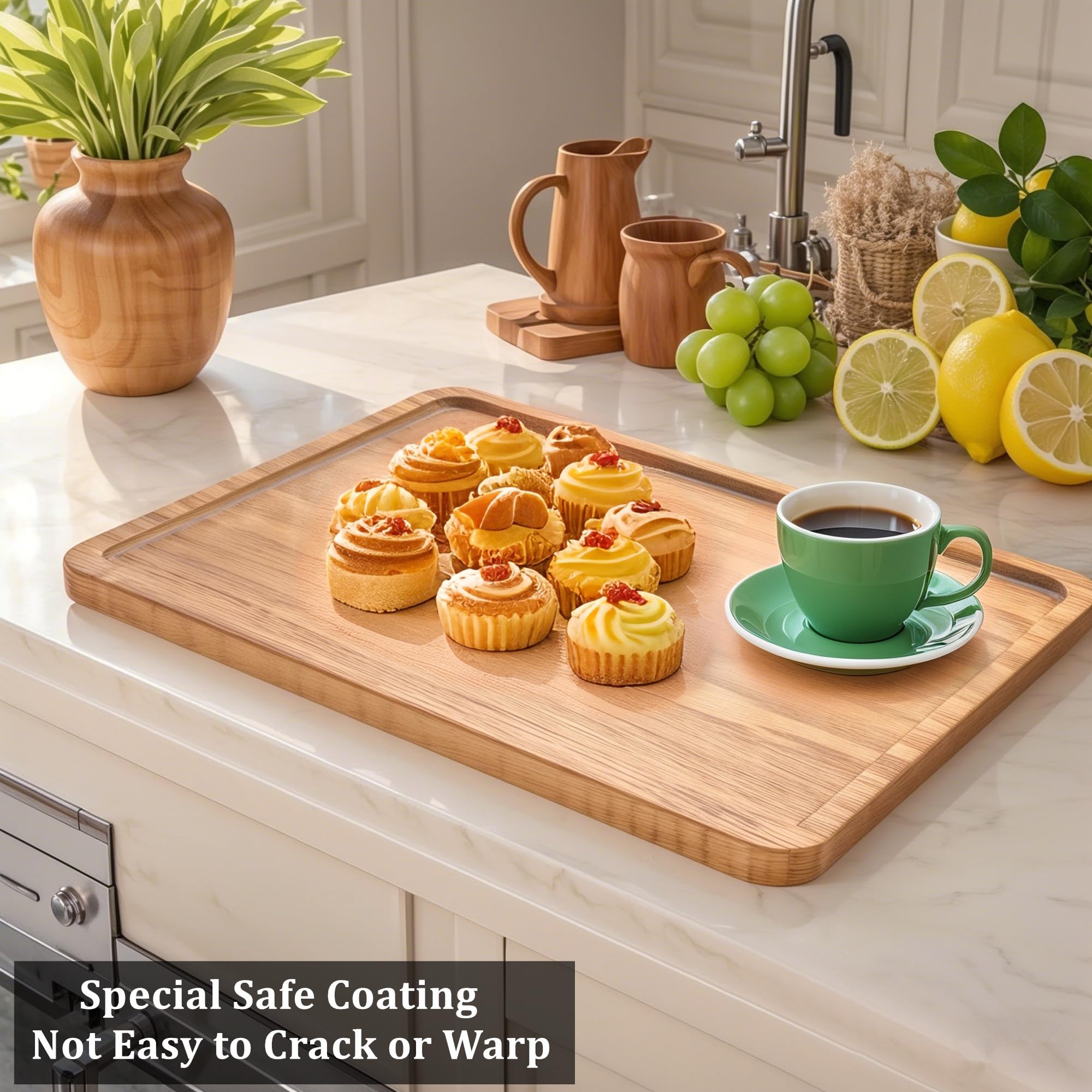 Oebberru Wood Tray for Coffee Tea Extra Large Wooden Serving Tray for Food Fruit Snack Decorative Serving Platter, 17.7x13.8 Inches