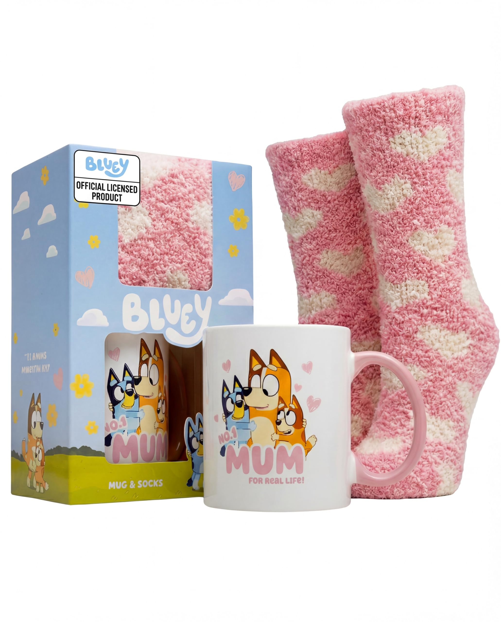 Bluey Mug and Socks Gift Set - ' No 1 Mum' Mothers Day Mugs for Mum with Hearts Pink Fluffy Socks - Bluey Gifts - Cosy Novelty Present for Birthdays, Mother's Day Mummy Mug & Valentines