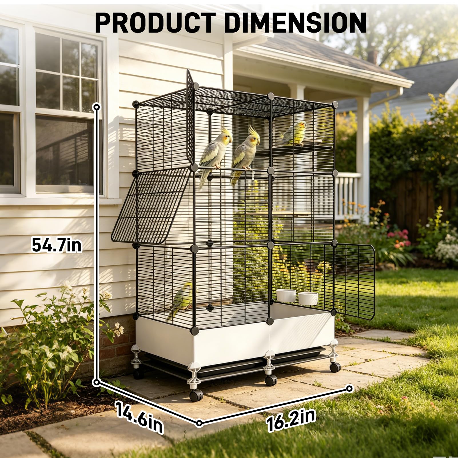 Jaula grande para loros para interiores con ruedas bloqueables, jaula para periquitos con comedero, cuenco de agua, plataforma de juego, fácil de mover y limpiar (negro, 74 x 37 W x