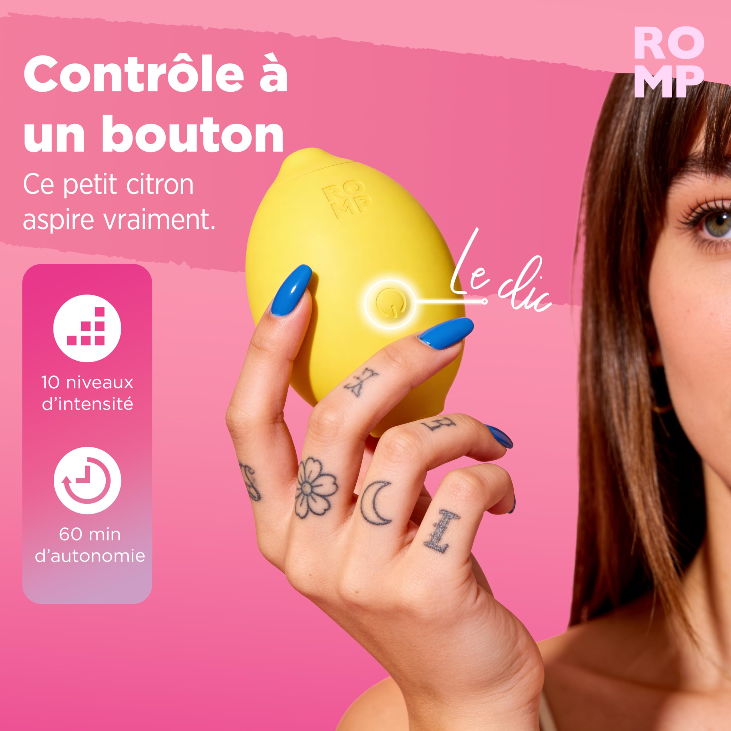 ROMP Vibromasseur Lemon pour femme Stimulateur clitoridien à succion | 10 modes Sextoy effet aspiration en forme de citron Masseur intime pour le plaisir féminin Jouet adulte discret