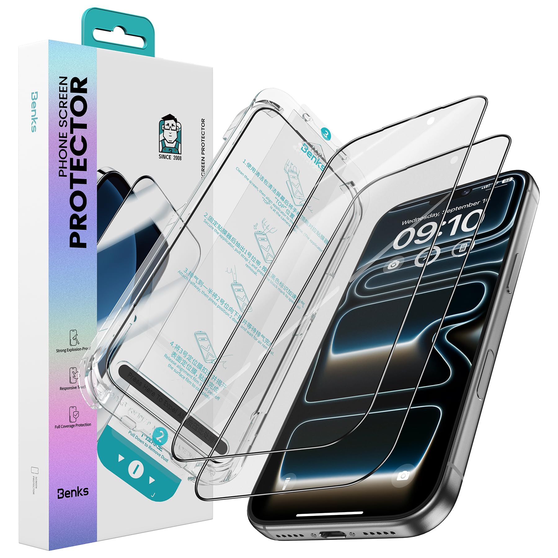 BENKS Protector Pantalla Mate para iPhone 17 Pro Max, 3D Cobertura Completa Dureza 9H Cristal Templado Antihuellas e Antireflejo, Eliminación Automática del Polvo, 2 Piezas