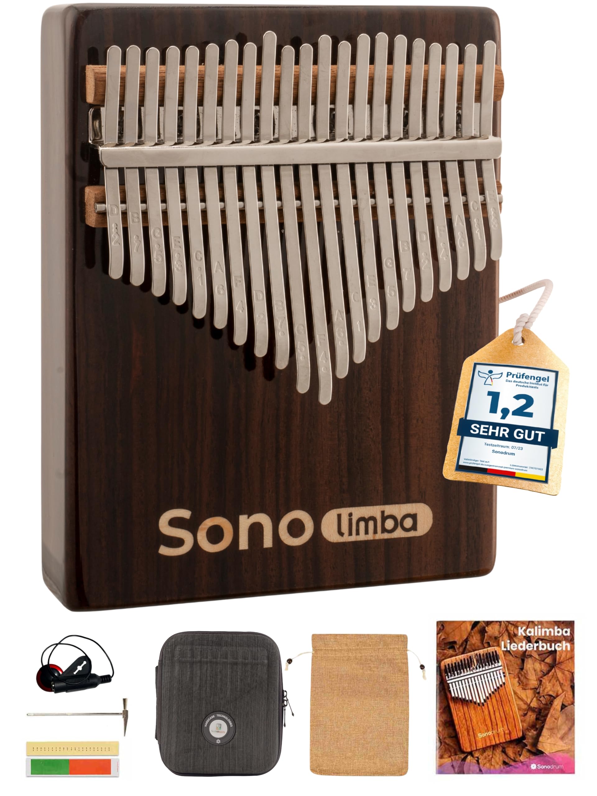Kalimba "Sonolimba" mit 21 Schlüsseln in C - Dur aus Rosenholz - Daumenklavier inkl. Set mit Liederbuch, Schutztasche, Stimmhammer und weiteres. Kalimba Instrument für Kinder und Erwachsene.