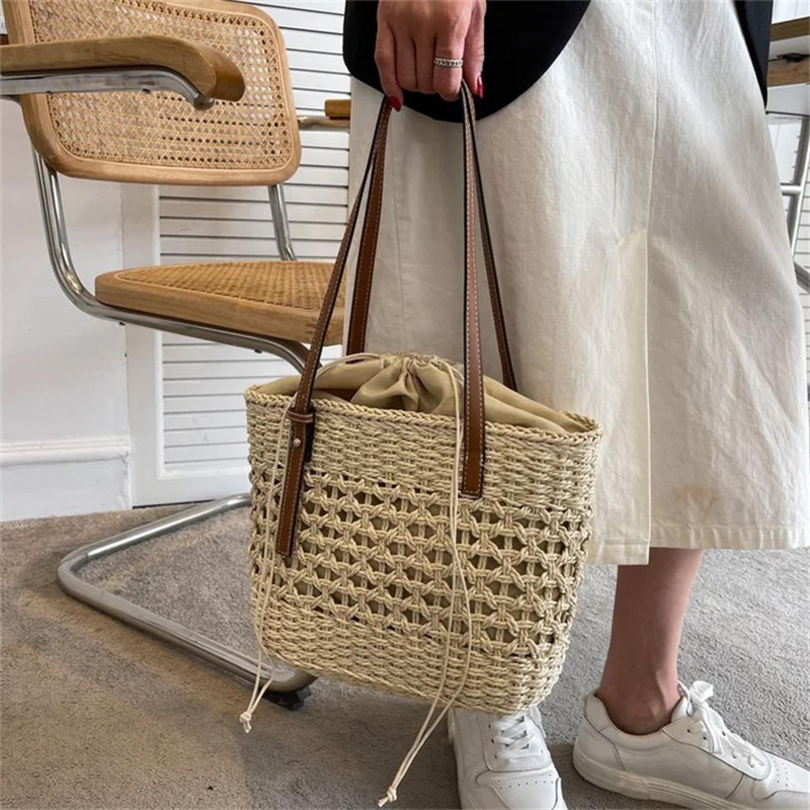 Bolsa De Paja Bolsos Casuales De Paja para Mujer Bolsos De Hombro Tejidos De Mimbre Bolso De Paja De Playa Tote De Gran Capacidad Bolsos Grandes para Señora