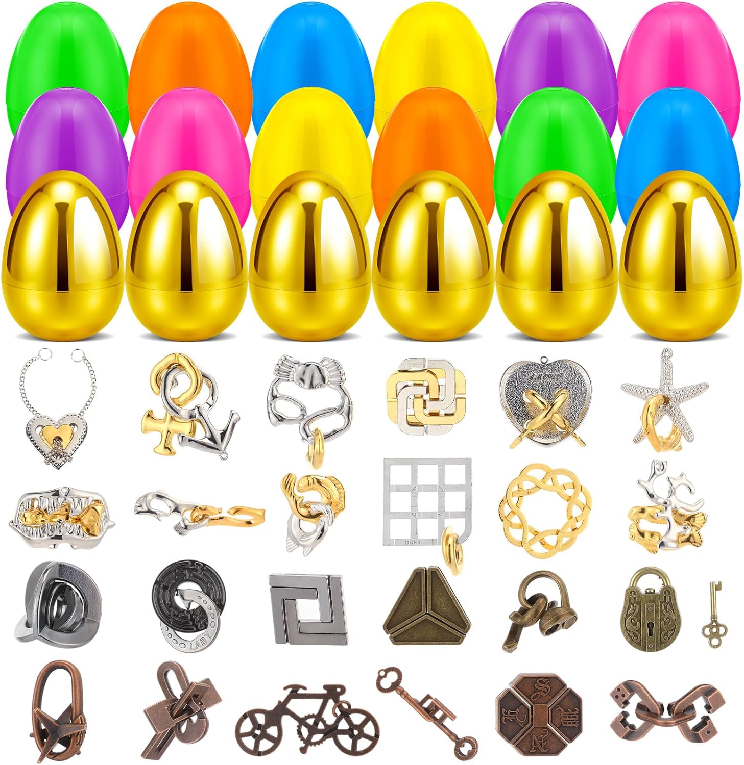 Jenaai 24 Set Brain Teaser Puzzles, Wooden and Metal Puzzles Brain Teasers 3D Educational Toys IQ Logic Game Family Unlock Interlock Prize Gifts Party Favors for Teen Adults(Metal)
