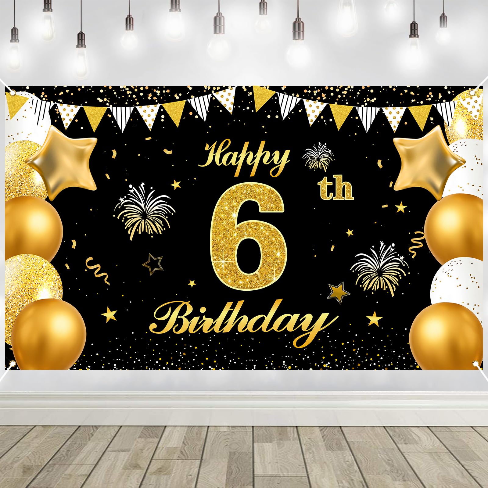 6th Birthday Decorations Banner Gold Black Happy Birthday Door Banner for Party Photo Backdrop for Men Women Home Outdoor Cover Party Decoration Supplies Poster
