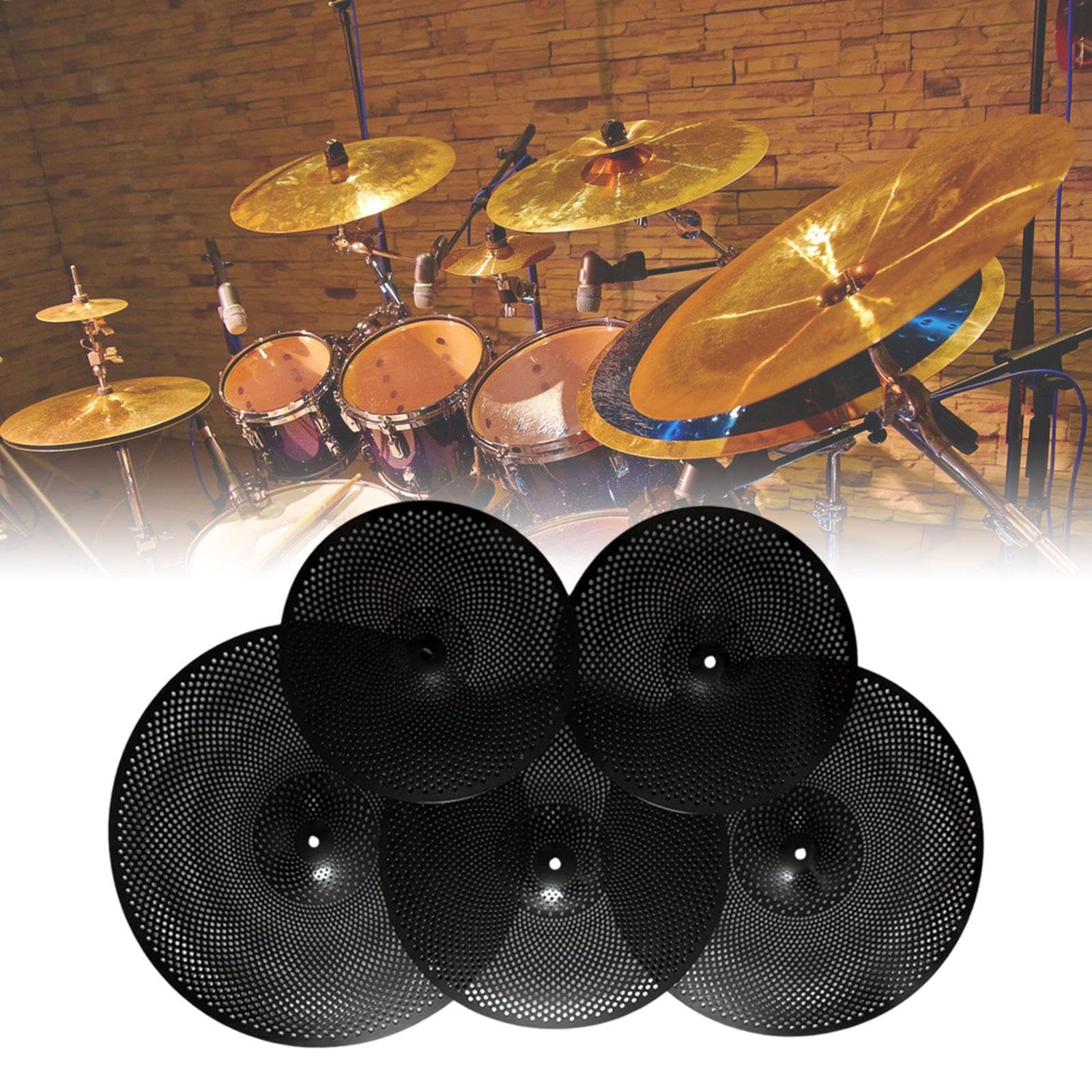 Generic Juego de 5 platillos de bajo volumen diseñados para una práctica silenciosa con tamaños esenciales para bateristas, color negro
