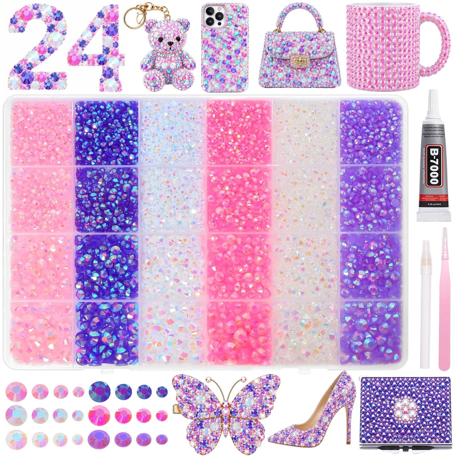 24 Grids Multi-Color Rhinestones Bedazzling Kit, 3/4/5/6mm Resin Rhinestones for Bedazzling, Black Orange White Flatback Resin Gems for Crafts, Bedazzler Kit for Clothes Shoes Tumblers