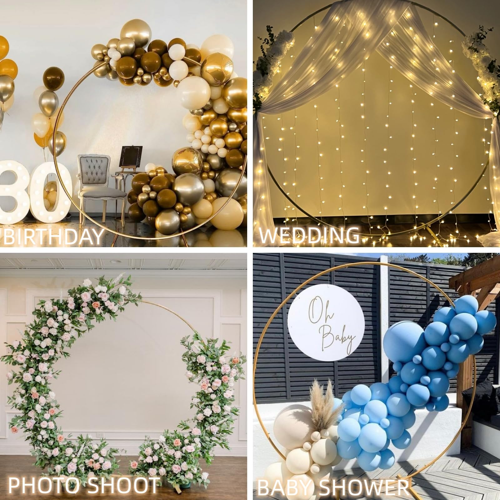 Bezente 8ft Round Backdrop Stand, Golden Metal Balloon Arch Stand, Stable Wedding Arch Circle Backdrop Stand Frame for Wedding Birthday Baby Shower Party Decoration