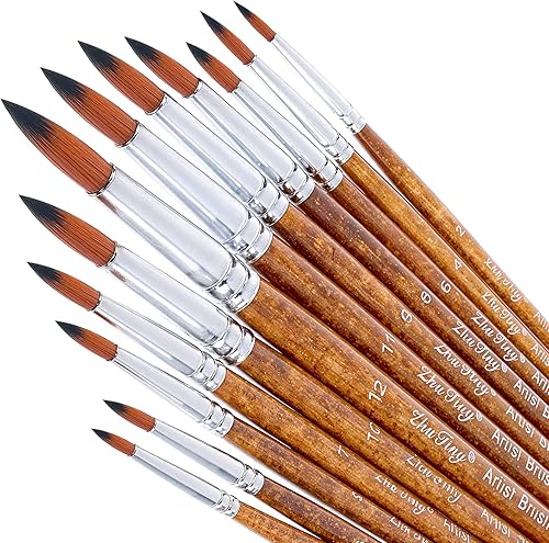 12 pinceles de pintura de acuarela para artista, punta redonda puntiaguda, pinceles de pintura redondos, juego básico de diferentes tamaños, pincel