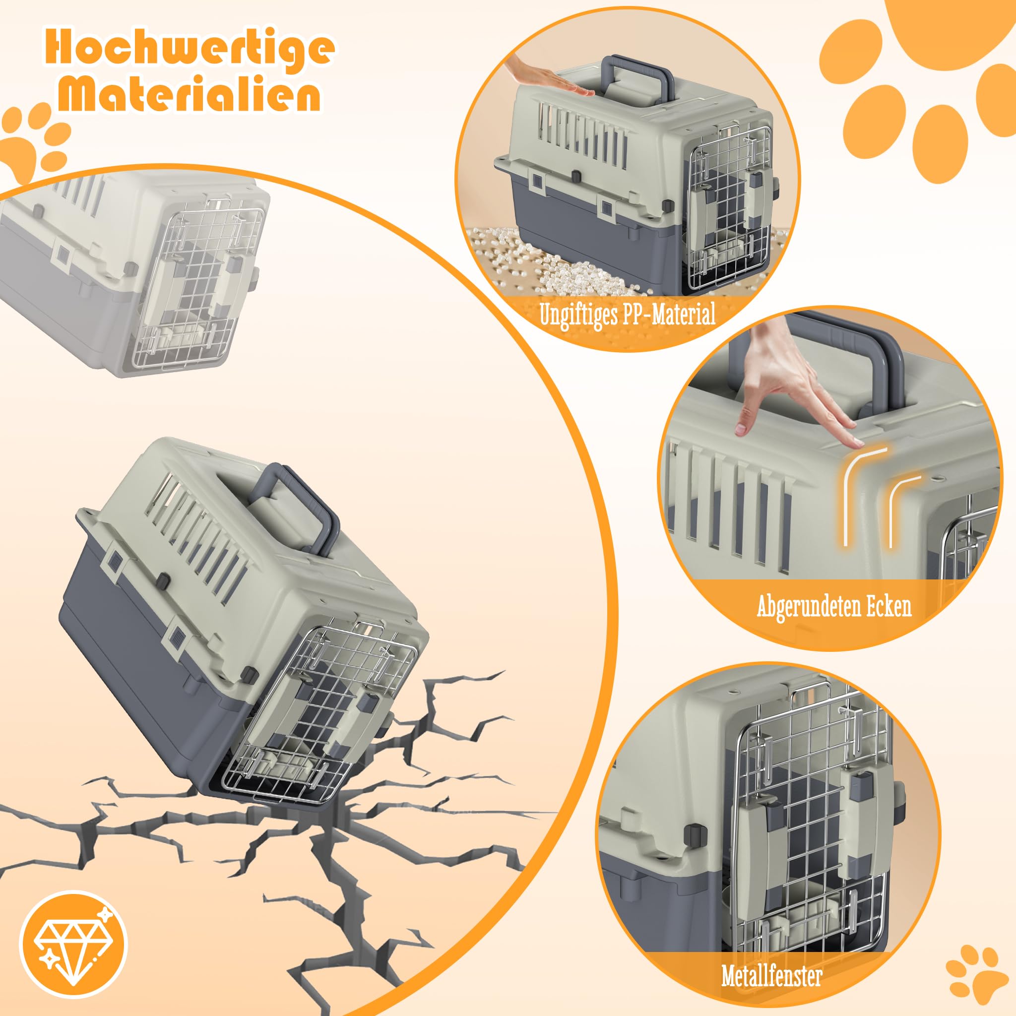 FIVMEN Boîte de transport pour chat - 60 x 39,5 x 44 cm - Avec fenêtres en plastique et portes en fer - Caisse de transport pour animaux de compagnie, avion, voiture, voyage et transport