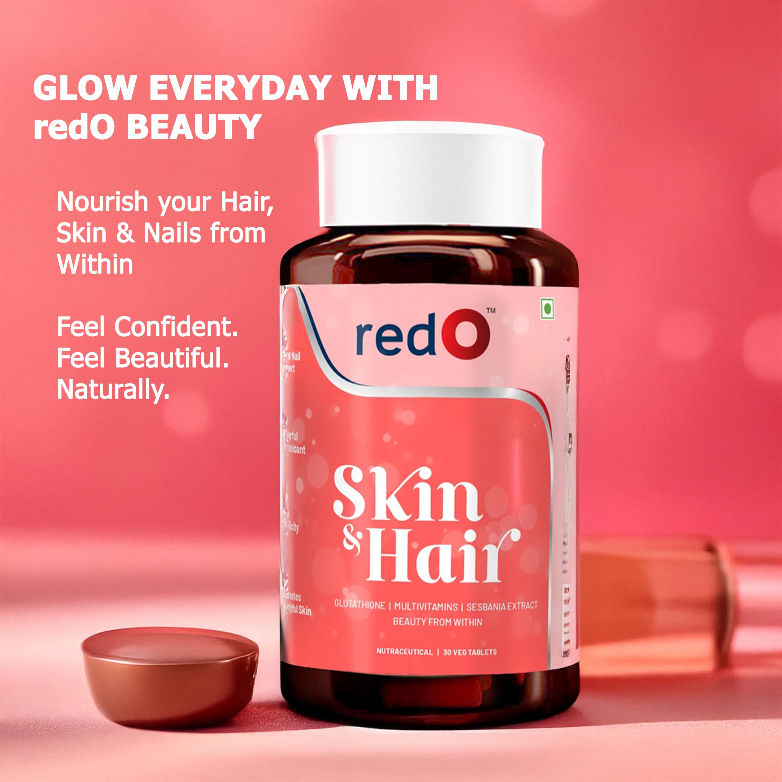 redO Skin & Hair With Glutathione, Collagen, Vitamins C, B3, B5 & Biotin Pack of 30 For 30 Days | Supports Radiant Skin, Strong Hair & Nails | Vegetarian Tablets - Image 3 thumbnail