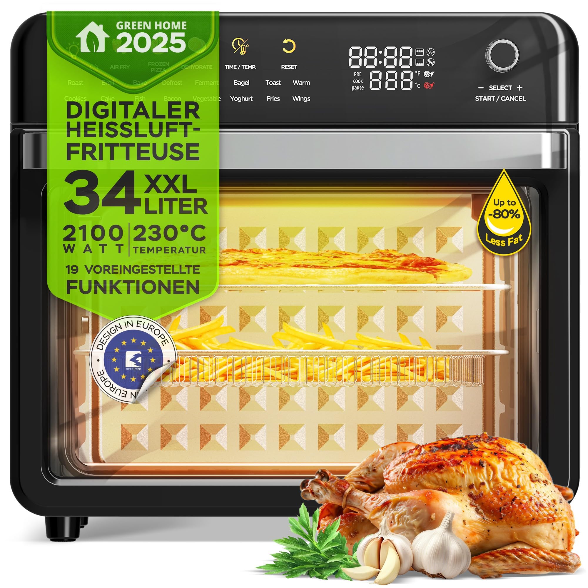 TurboTronic Multi-Smart-Ofen - 19in1 Heißluftofen & Heißluftfritteuse 2100W Power 34L bis 0,5 kg Pommes Mini-Backofen mit Dörrfunktion 40-230°C Grill Airfryer Dörrautomat schwarz