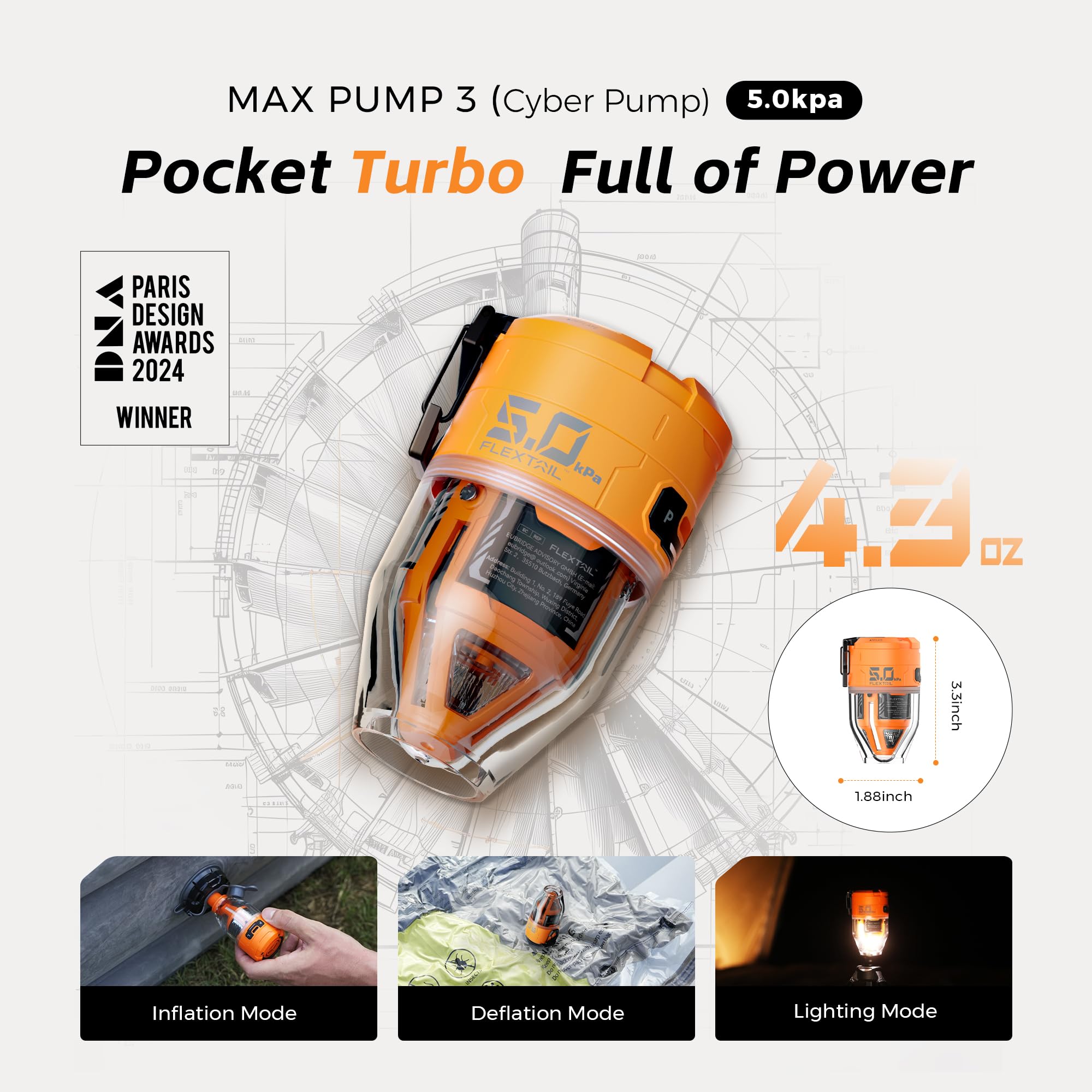 FLEXTAILGEAR MAX Pump 3 Bomba de Aire portátil, 5,0 kPa, Ligera, Carga USB para inflar y desinflar ayudas de natación, colchones de Aire y Chalecos Salvavidas