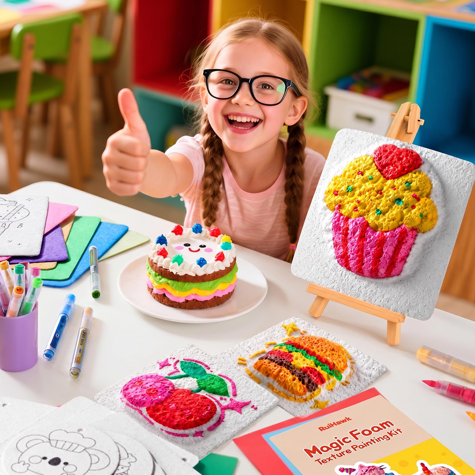 RuiHawk 75 Magic Puffy Paint Set, 3D Schaumtextur-Malset für Kinder mit 38 Blättern & 24 Acryl-Markern, Nicht Giftig & Wasserlöslich - Kreativset Geschenk ab 5 Jahren