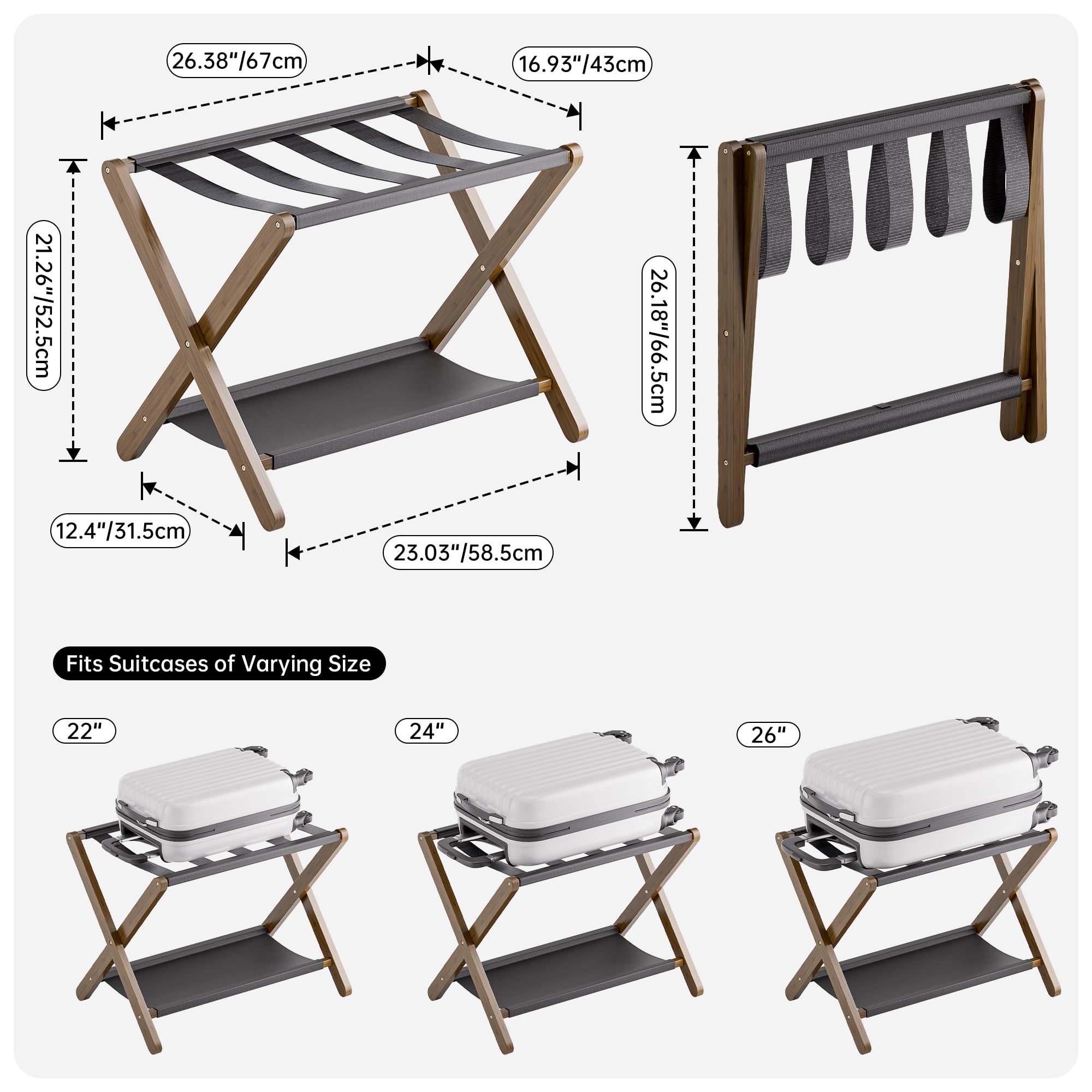 vovala Luggage Rack, Folding Suitcase Stand with Storage Shelf, Premium Bamboo Luggage Holder for Guest Room Bedroom, Hotel - Image 2