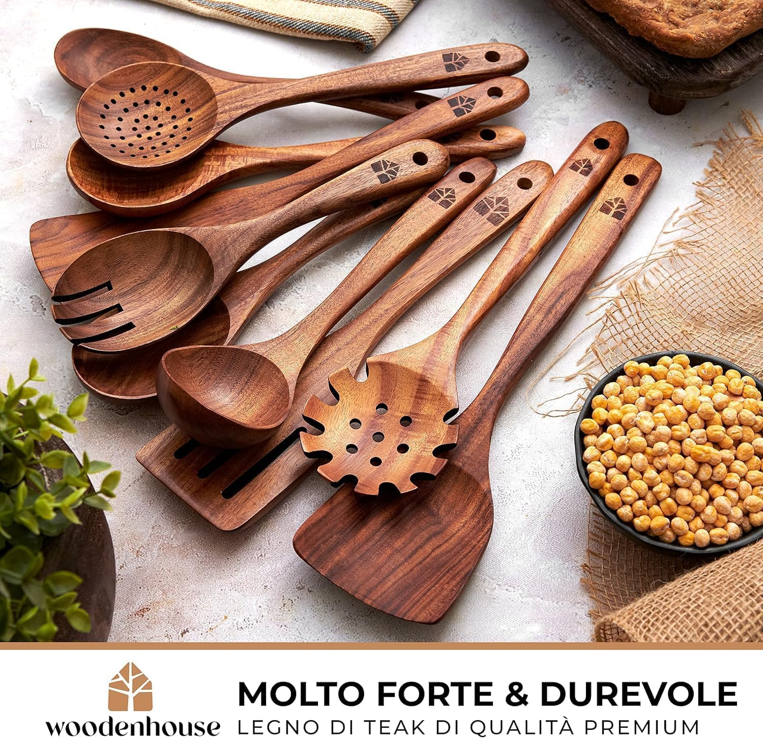 Set Utensili Cucina in Legno 10 Pezzi - Spatola Cucina e Cucchiai Legno, Accessori Cucina Fatti a Mano, Utensili Cucina Robusti e Leggeri, Ideali per Pentole e Padelle Antiaderenti, Antigraffio
