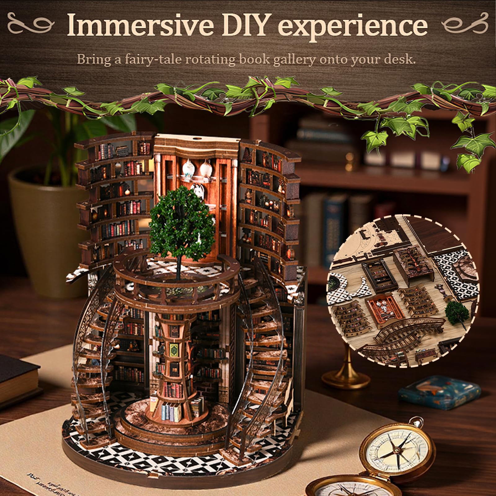 Cuteefun Casa de Muñecas en Miniatura Biblioteca con LED Cálido, Kit Book Nook DIY de Madera para Amantes de Libros, Regalo Cumpleaños Navidad, Decoración del Hogar (Wisdom Rings)