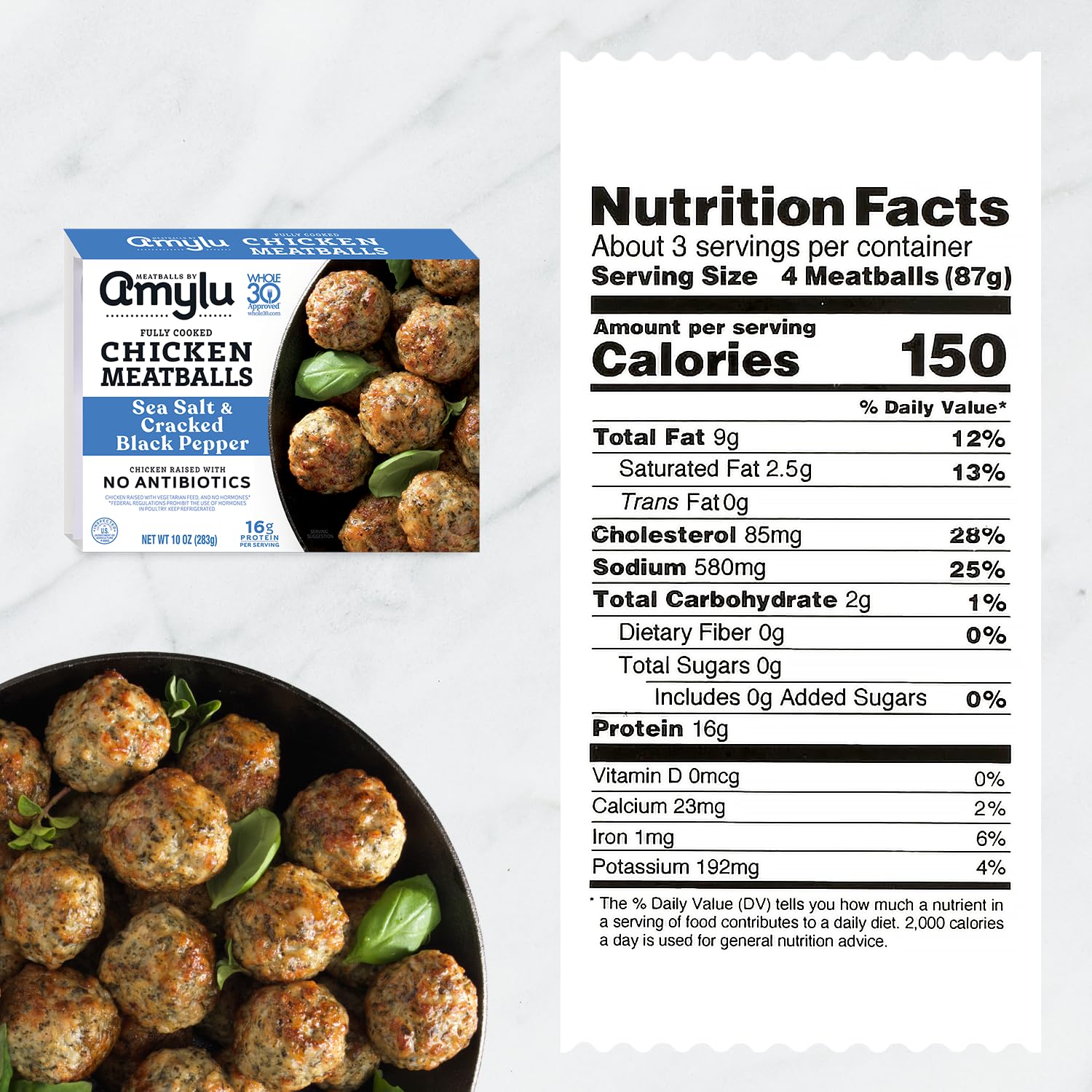 Amylu Foods Sea Salt Cracked Black Pepper Chicken Meatballs Natural Ingredients 16g of Protein Chicken Raised with No — view 2