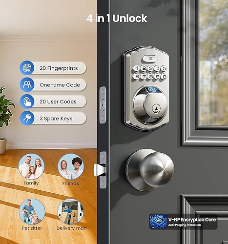 Miniatura 3 de Veise Cerradura de puerta de huellas dactilares con 2 perillas, cerradura de puerta de entrada sin llave con asa, cerrojo de teclado electrónico,