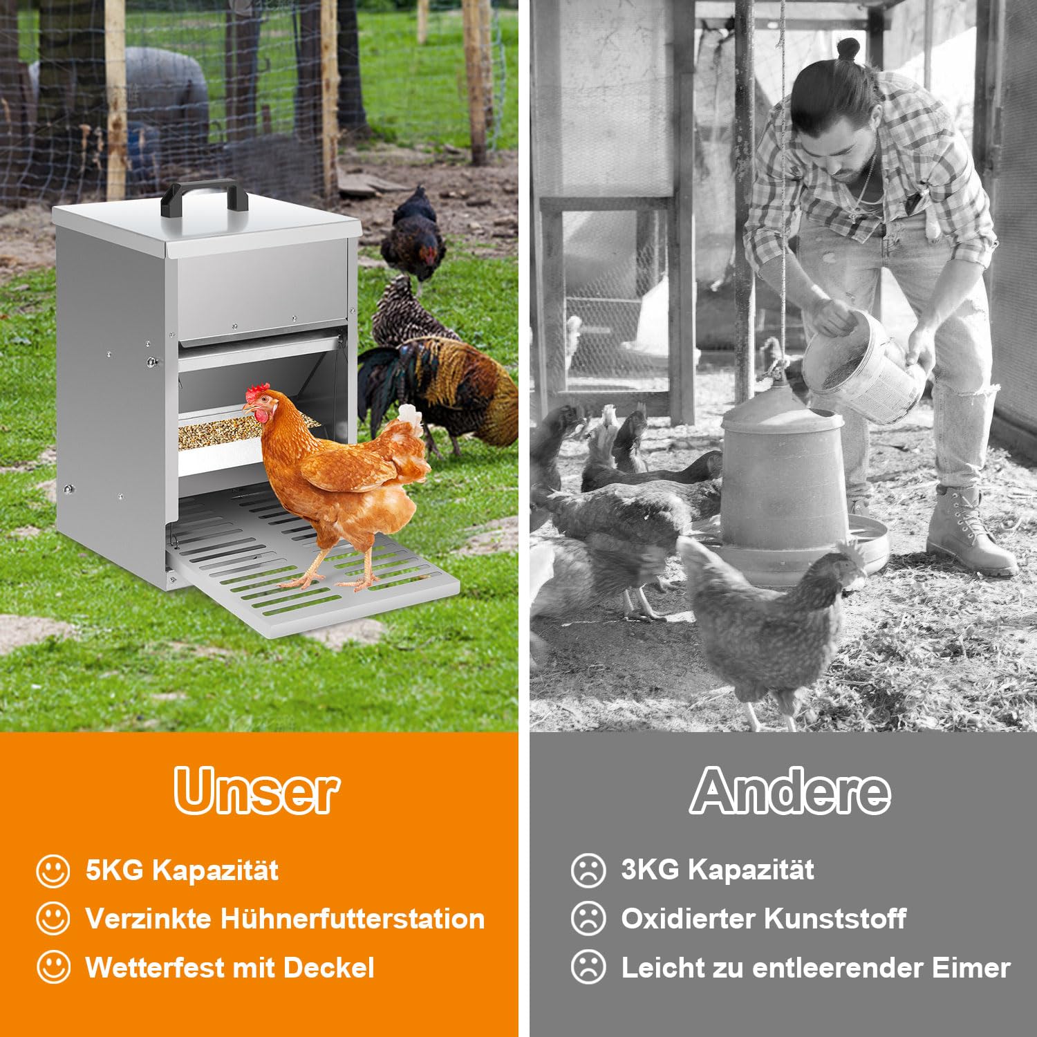 3 comederos automáticos para pollos con placa de estribo, tapa, 5 kg galvanizado, comedero para pollos, resistente al agua, comedero para gallinas, accesorio ideal para gallinas