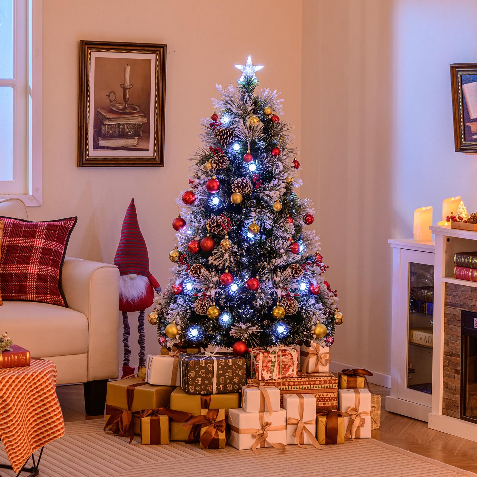 COSTWAY Sapin de Noël Floqué 150 cm, Sapin de Noël Artificiel Lumineux LED, 170 Pointes de Branches, 18 Grappes de Baies Rouges, 18 Pommes de Pin Naturelles, 49 Lumières LED, 8 Modes d'Eclairage