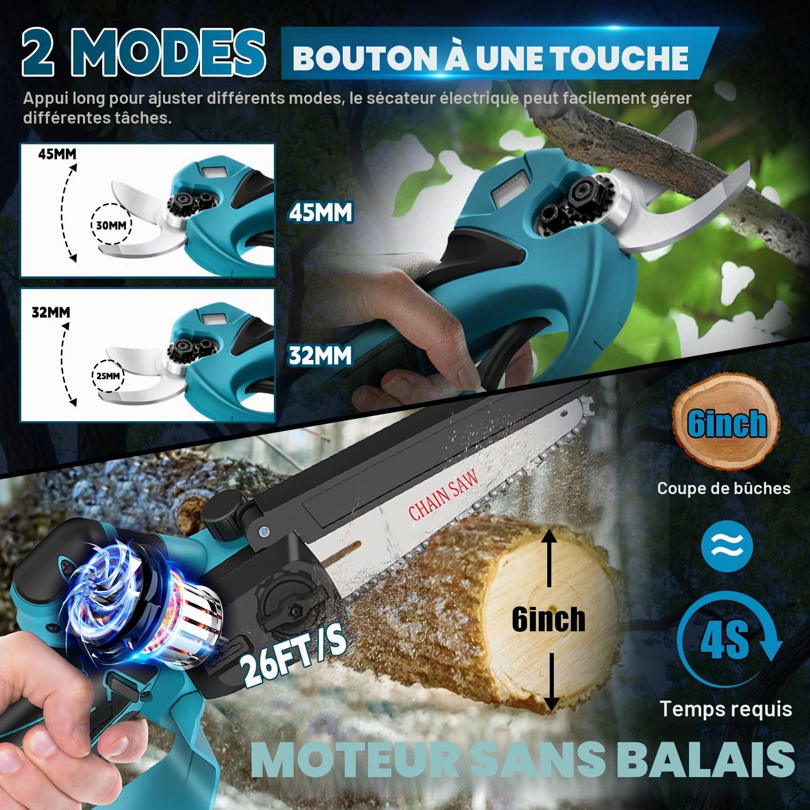 Mini tronçonneuse et Secateur Télescopique compatible avec Makita 18 V | sans batteries 4 en 1 Perche Élagueuse Secateur à Batterie sans fil avec Perche petite scie de verrouillage de sécurité