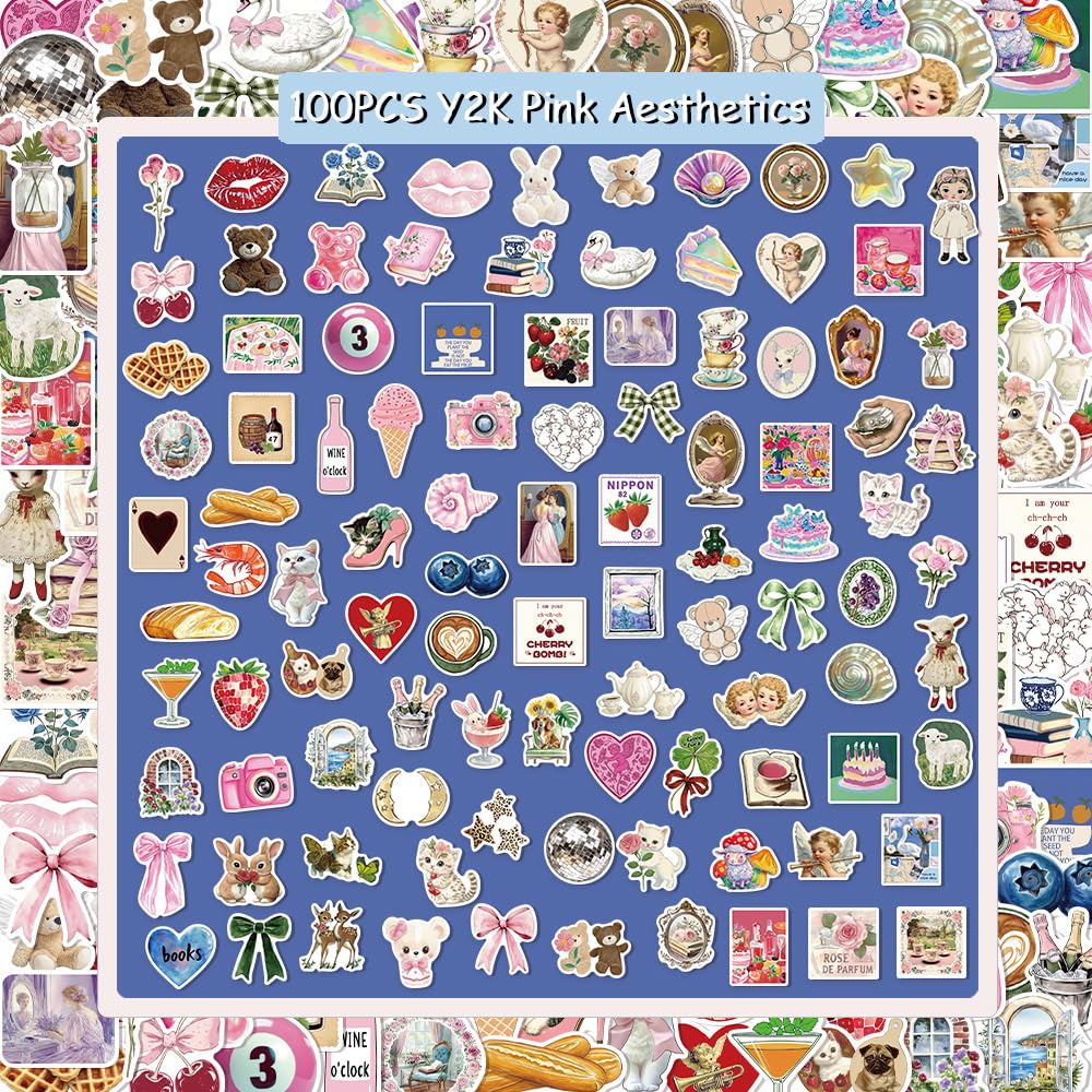 100Pcs Pink Aesthetics Stickers, Girly Cute Coquette Vinyl Stickers Pack for Luggage Scrapbook Skateboard Guitar Water Bottle - Image 3