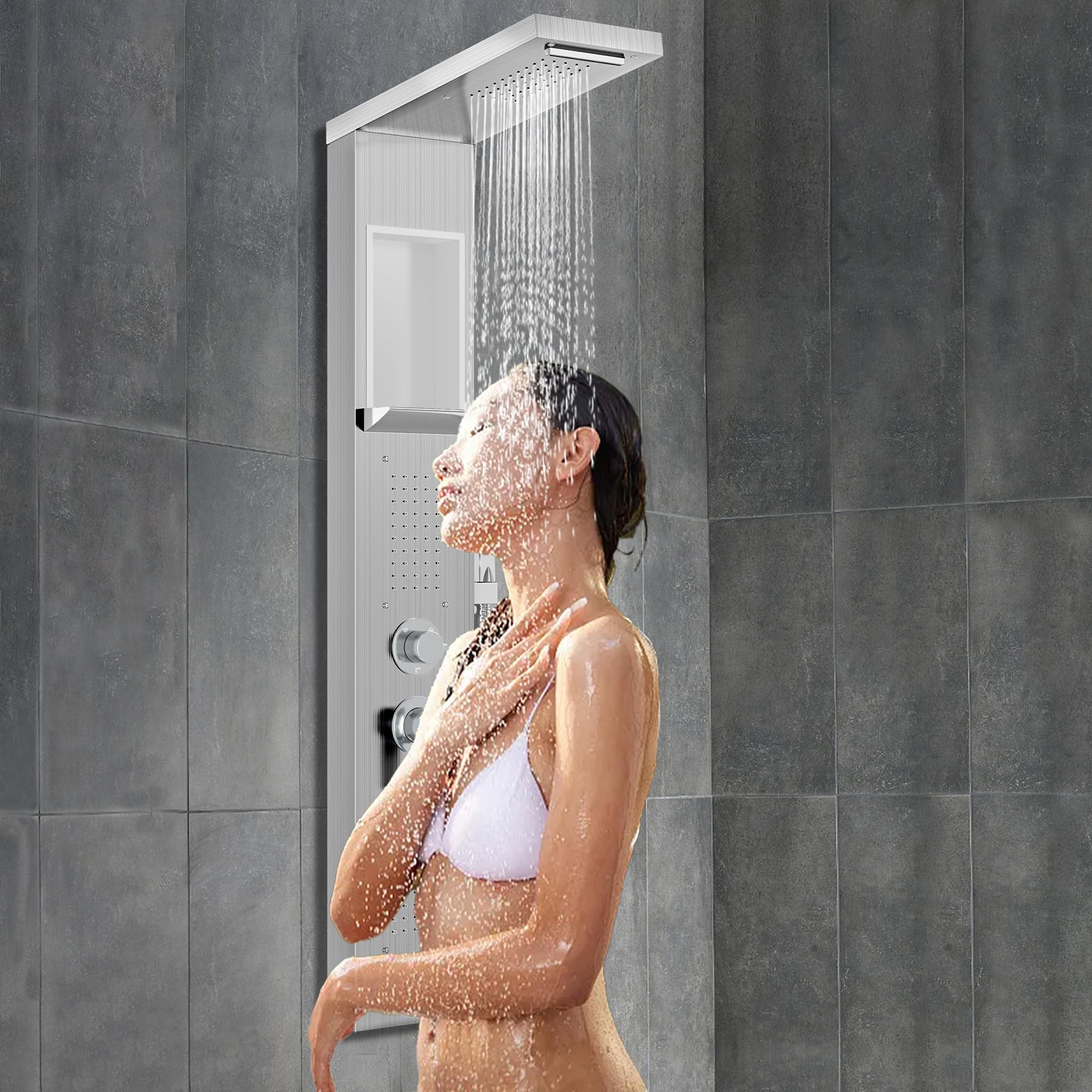 YUENFONG Pannello doccia 5 in 1 in acciaio inox, doccia multifunzione, con doccia a pioggia, cascata, massaggio alla schiena, doccetta, facile da montare a parete, bianco