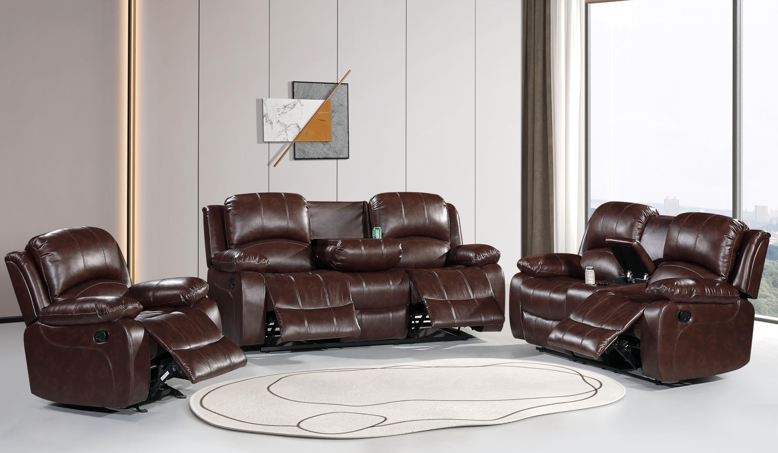 Betsy Furniture 3PC Faux Leather Manual Reclining Couch Set, Living Room Furniture Set, Sofa, Loveseat, Glider, 8018 Multiple Colors (Brown, Sofa+Loveseat+Chair)