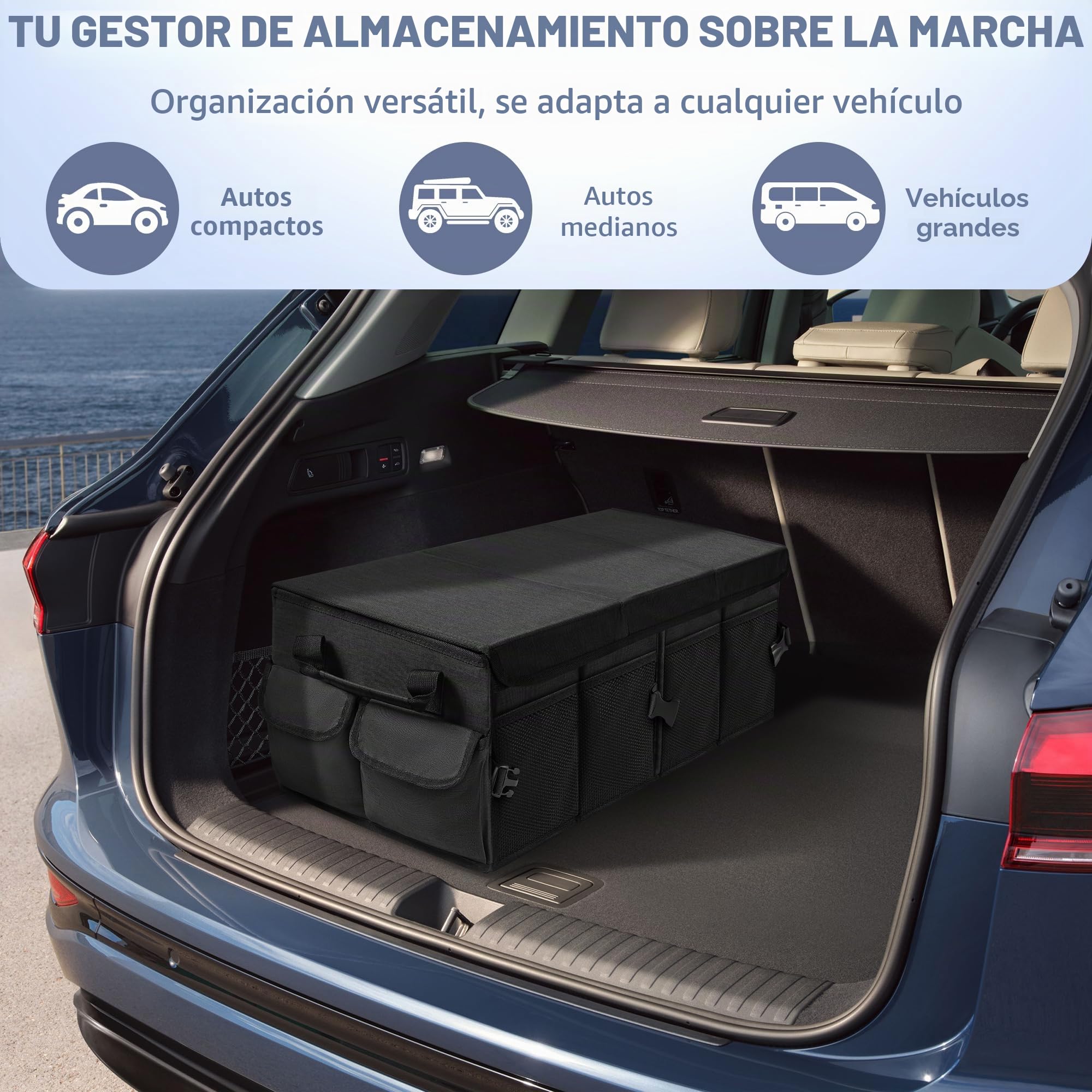 Organizador de maletero, bolsa plegable para maletero con tapa, organizador de maletero para automóvil con divisores extraíbles, equipado con base antideslizante y cierre de velcro, bolsillos