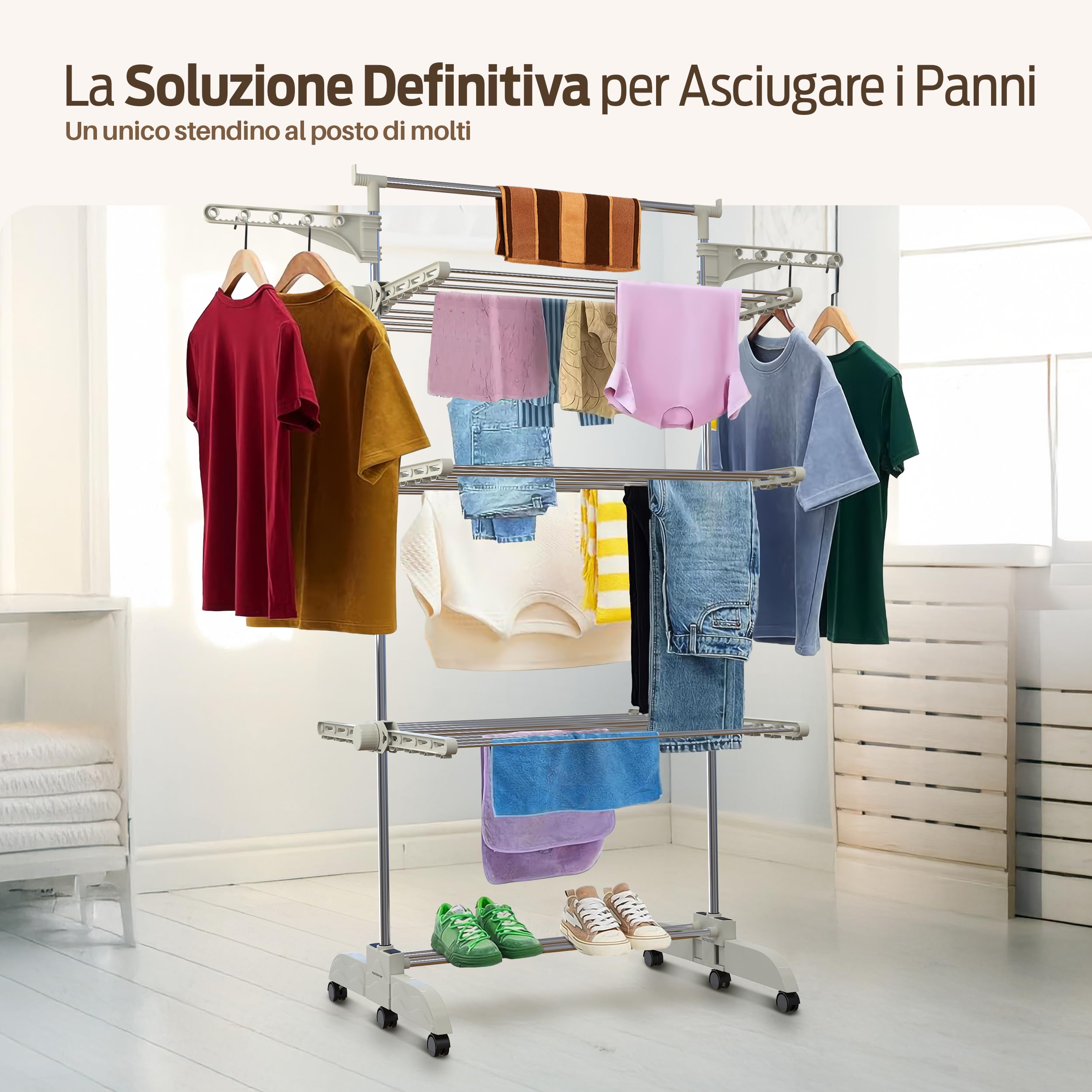 PORTENTUM Stendino verticale salvaspazio pieghevole 14 cm 5 livelli – 58 ganci per appendini – Fino a 40 kg – Stendibiancheria 24 barre acciaio inox – Uso interno ed esterno – Ruote girevoli con freno