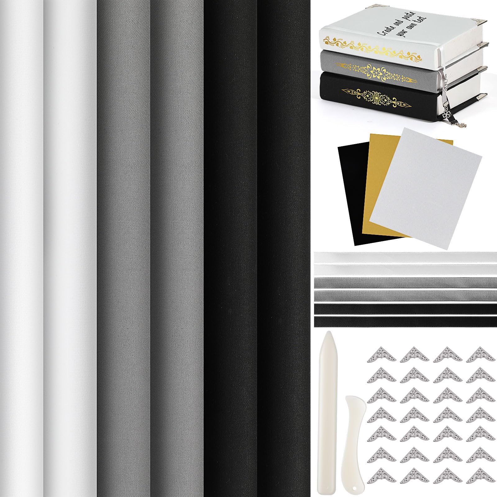 62 Pcs Book Binding Cloth Kit, 6 Pcs 12'' x 16'' Bookcover Cloth Fabric 24 Metal Corners 3 Iron on Vinyl Sheets 6 Bookmark Ribbons 23 Accessories for Old Book DIY Craft (Black, White, Gray)