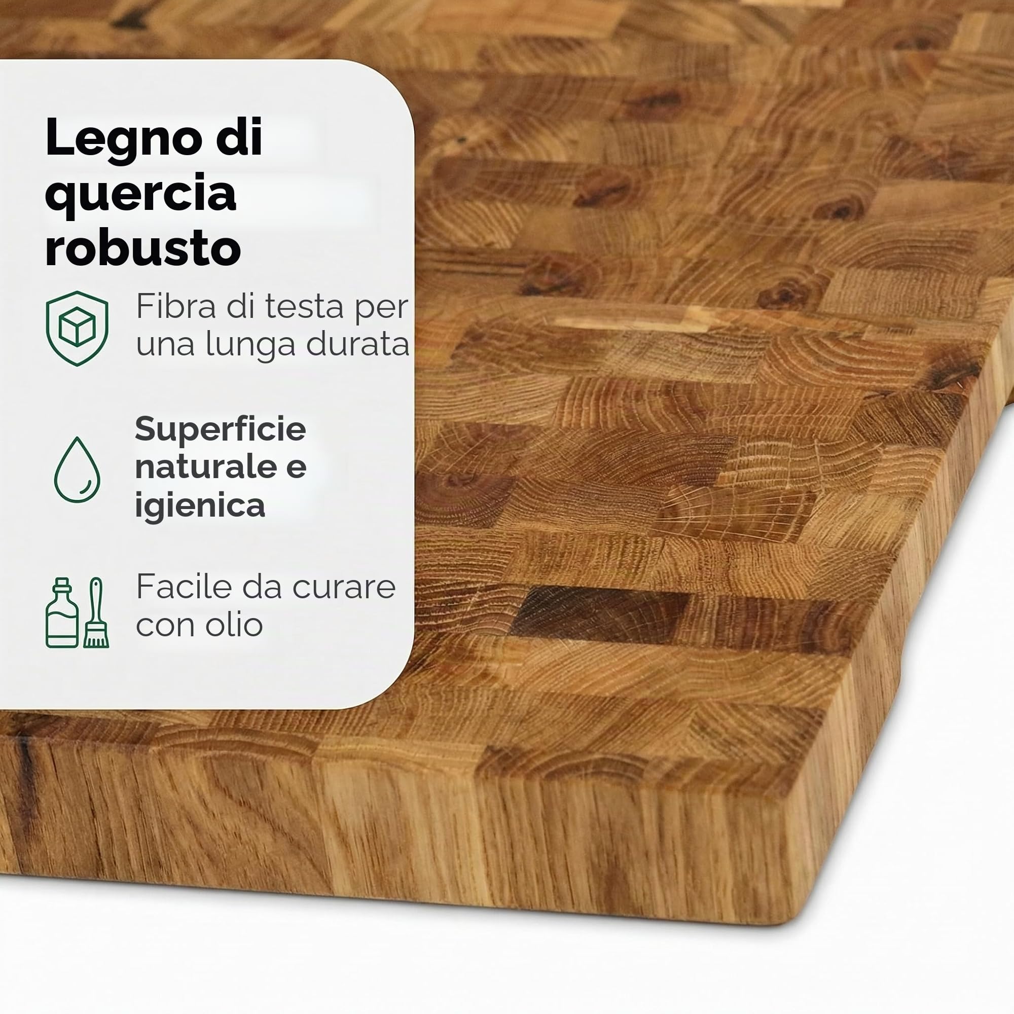 B4K® Tagliere in Legno di Quercia 37x27x4,3 cm | Con Maniglie e Piedini in Silicone | Antibatterico e Oliato | Artigianale