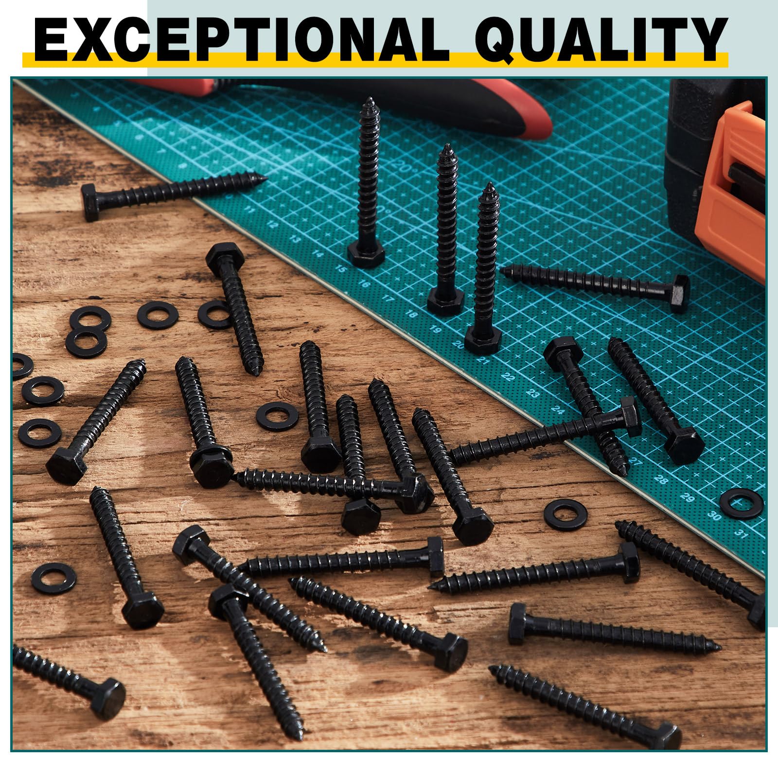 Set di 50 bulloni a testa esagonale da 3/8" x 5,1 cm, resistenti, in acciaio inox al carbonio, con rondelle, viti a testa esagonale parzialmente filettate, zincate (nero)