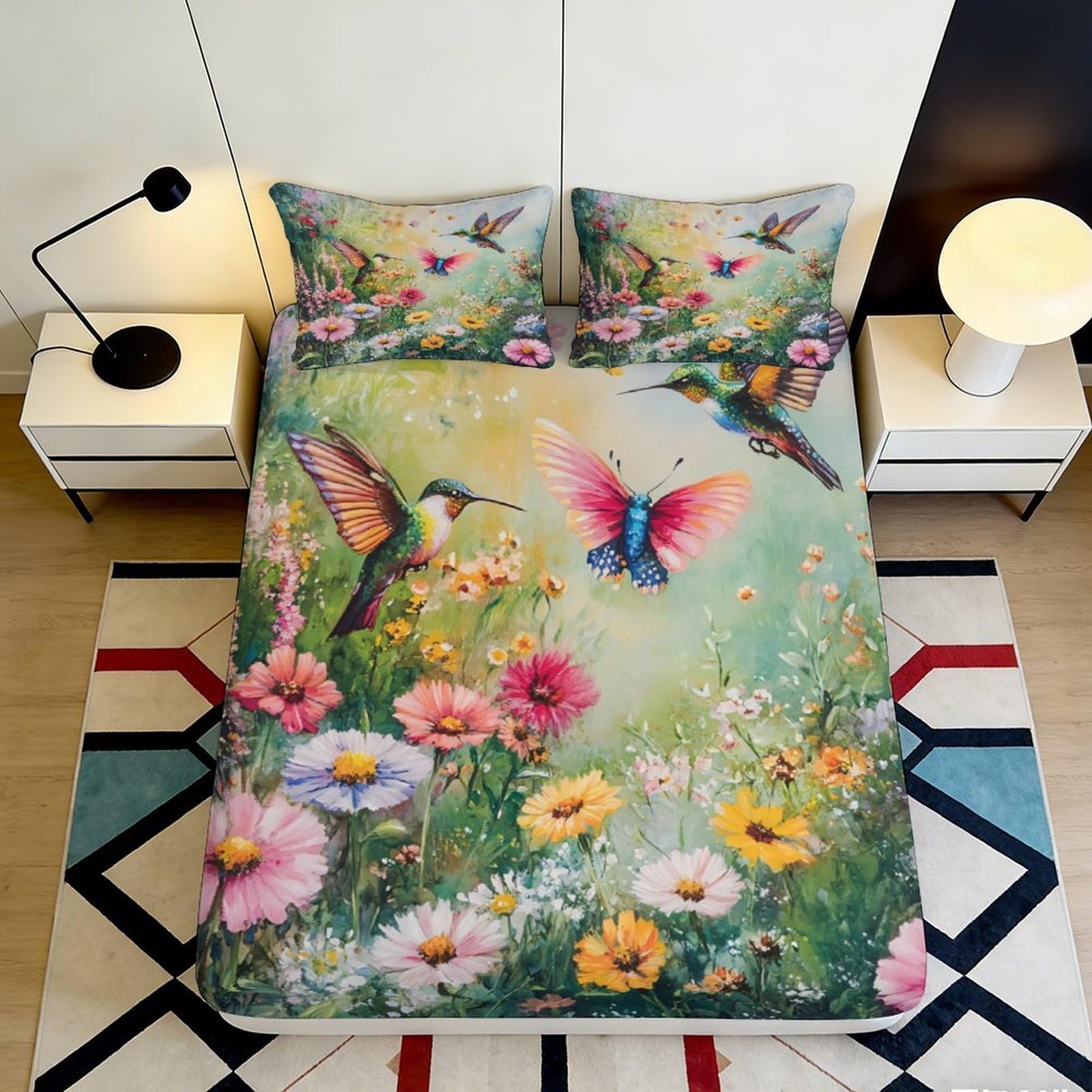 3D Printed Hummingbird Floral Fitted Sheet Microfiber Soft Breathable Butterfly Bed Cover for Bedroom Guest Room Decor 90x200x25cm