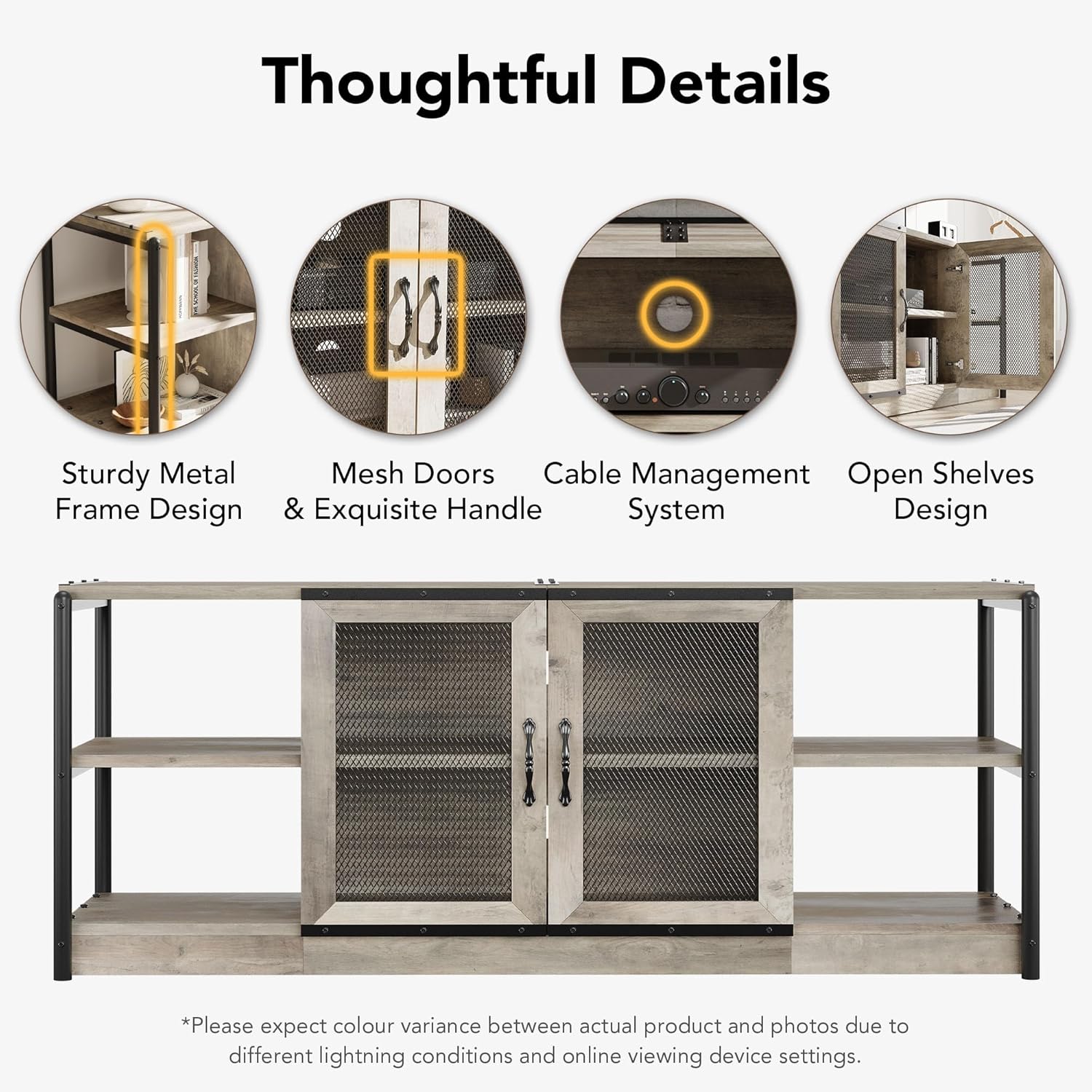 GAOMON Farmhouse TV Stand for 65/75 in TVs, Industrial TV Cabinet with 2 Mesh Doors and 4 Shelves, Vintage TV Console for Living Room, Bedroom