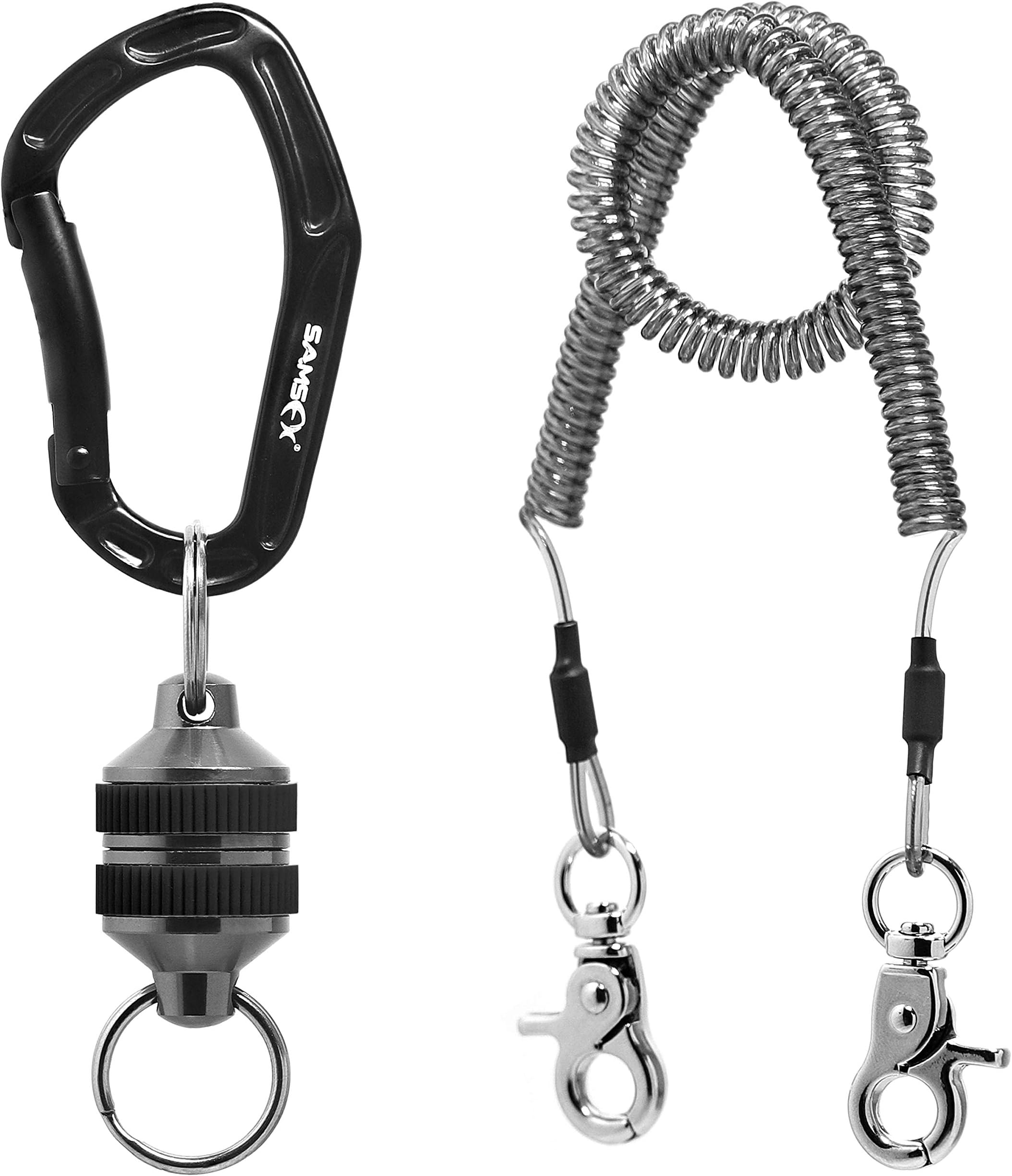 SAMSFXFly Fishing Magnetic Net Release Holder Keeper Magnet Clip Landing Net Connector with Coiled Lanyard for Cord Free Heavy Gear