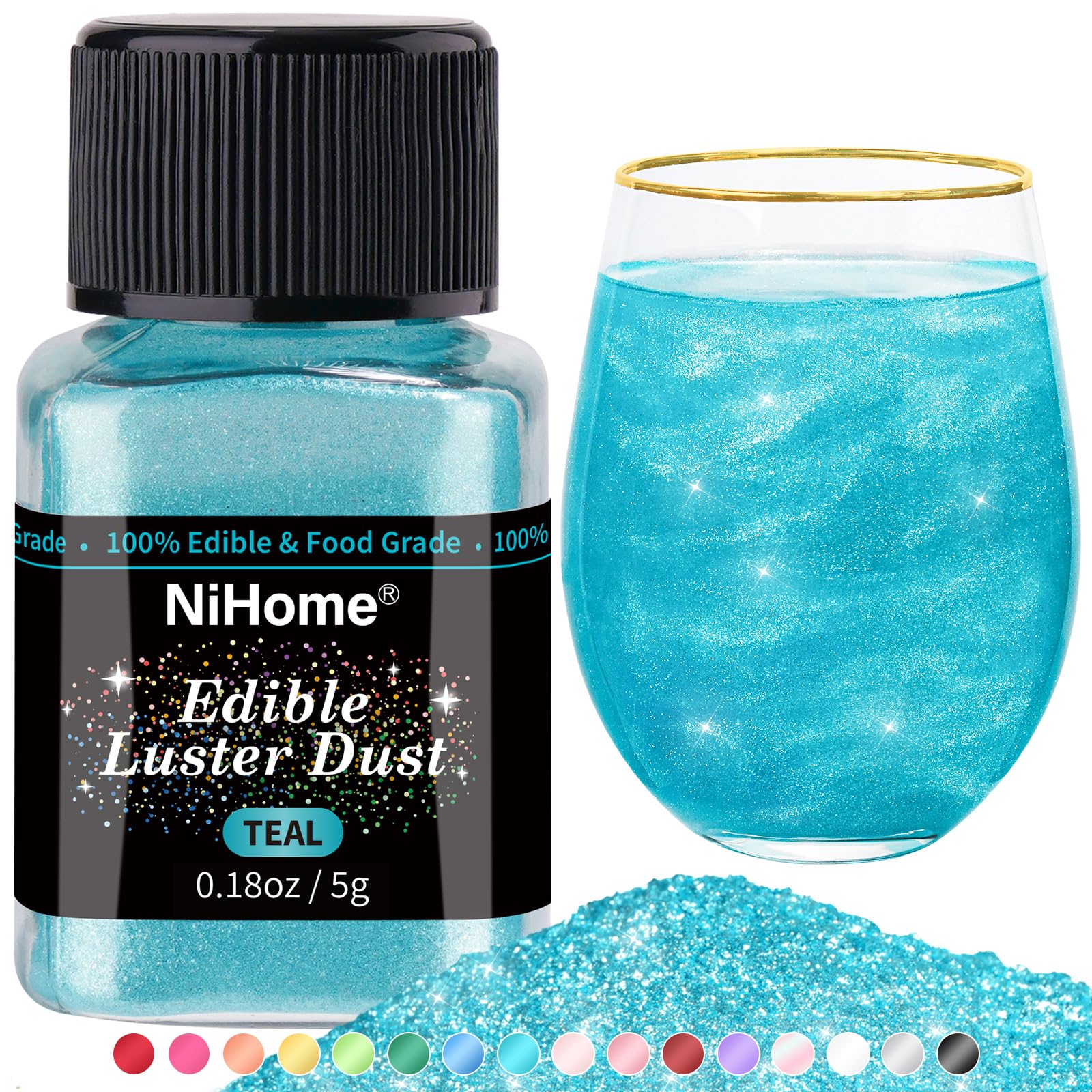 NiHomeEdible Luster Dust Glitter Powder Metallic Fancy Food Decorating Sprinkle Glimmery Brew Dust for Drink Wine Beverage Cake Dessert Home Bakery Restaurant Vegan Allergen-Free (Teal, 5g/0.18oz)