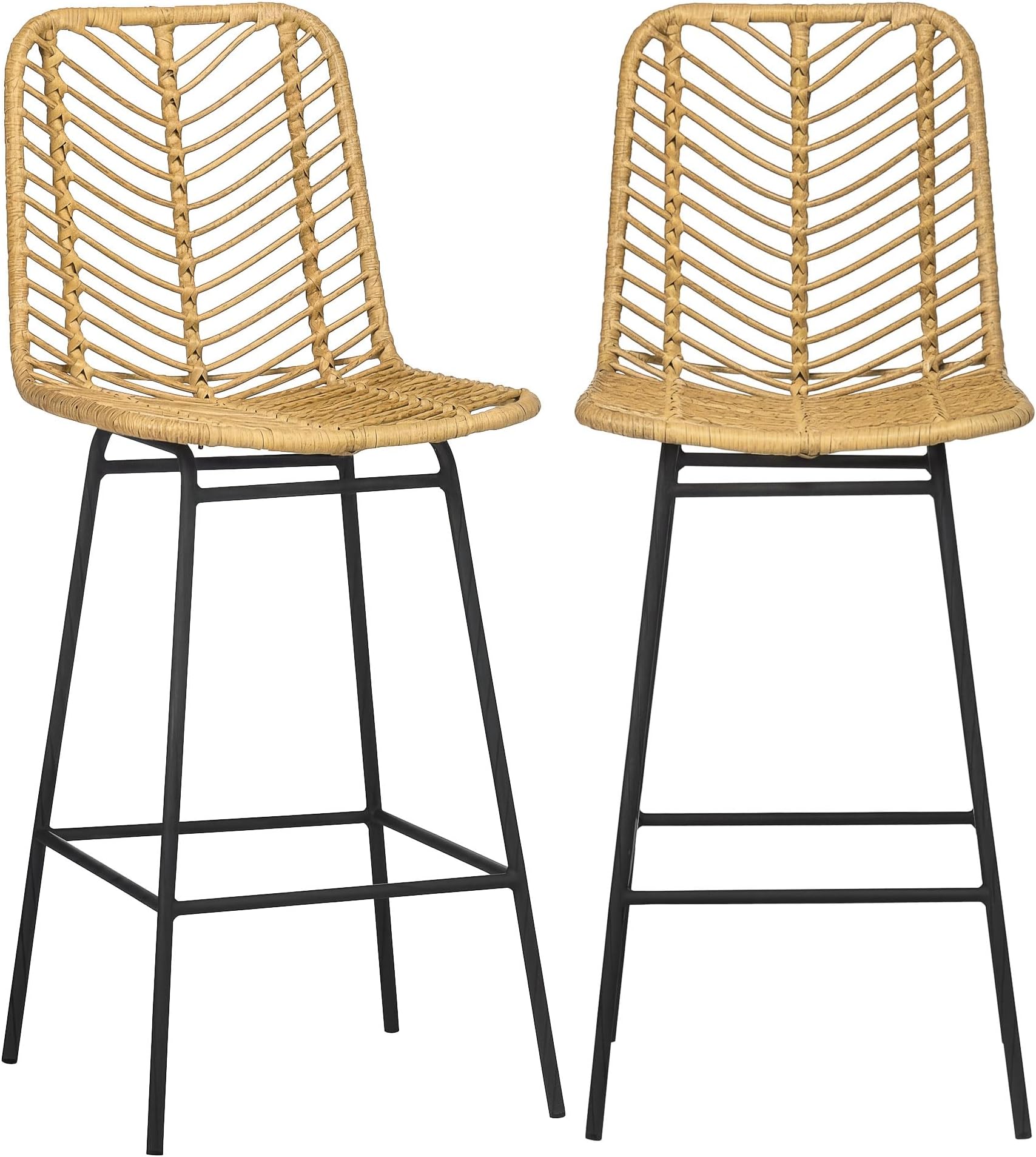 Rattan Bar Stools Set of 2, 26" Counter Height Barstools, Boho Kitchen Island Stools with Breathable Wicker Seat and Back, Yellow