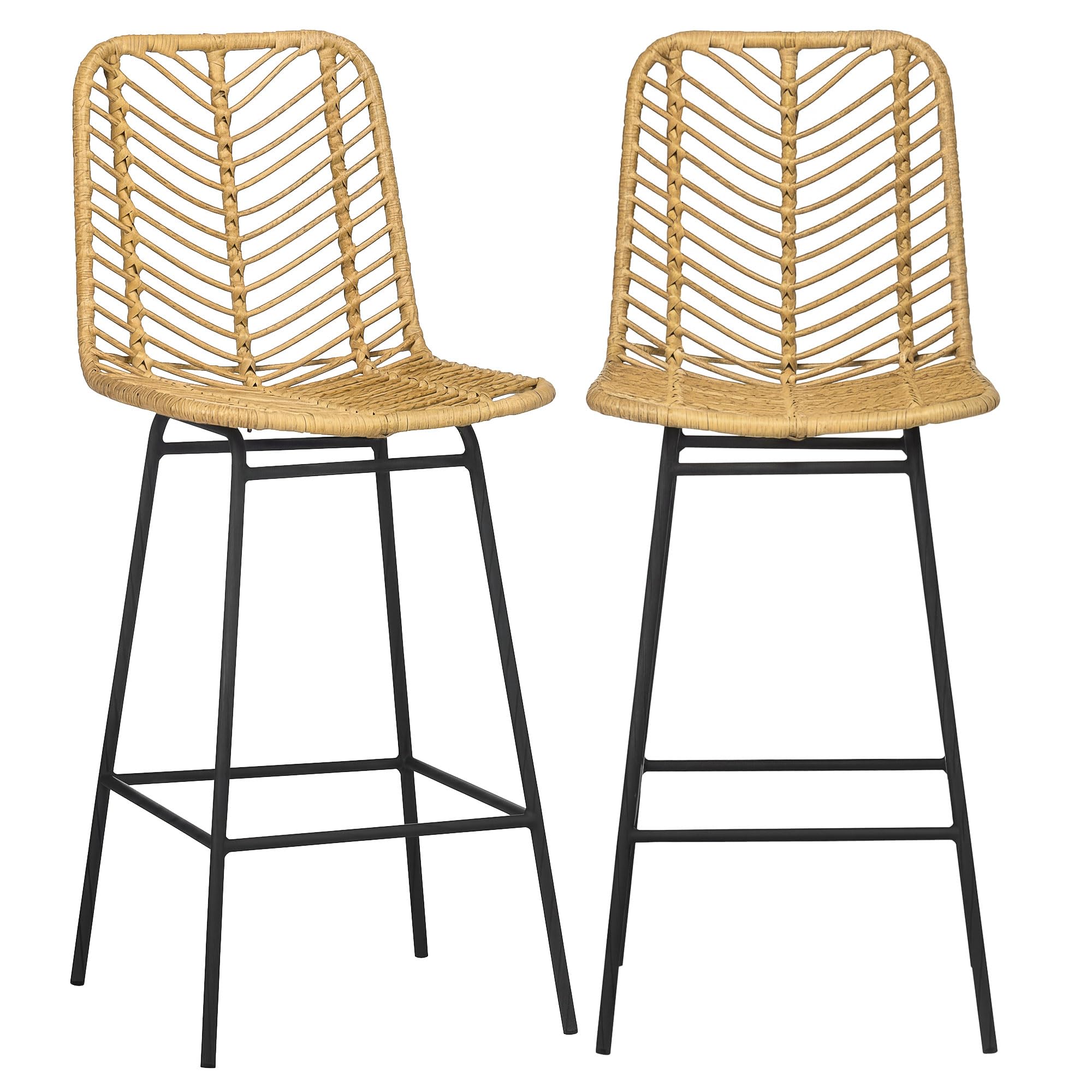 HOMCOM Conjunto de 2 Taburetes de Bar Modernos Taburetes Altos de Cocina con Asiento de Ratán Sintético y Patas de Acero Carga 120 kg para Comedor Sala 42,5x52x102 cm Natural