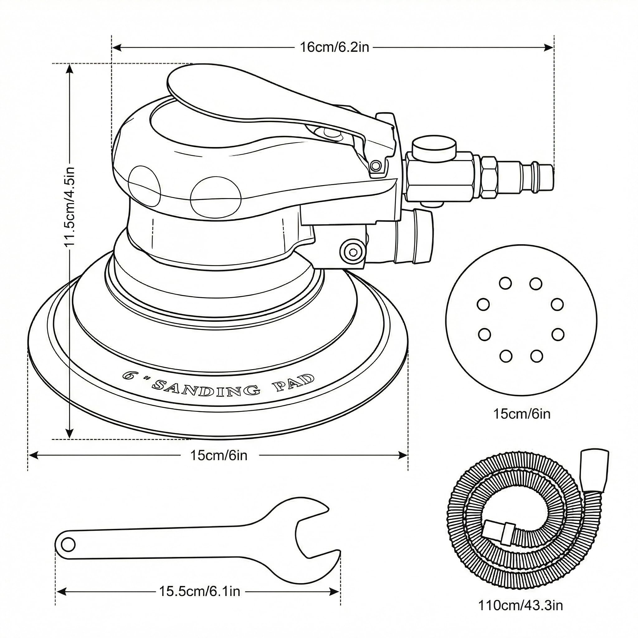 Levigatrice Rotorbitale Pneumatica ORAZIO 6" 150mm Random Orbitale Aria Levigatrice a Doppia Azione con 6 Carta Vetrata e Accessori per Lucidare Levigare Auto 212525