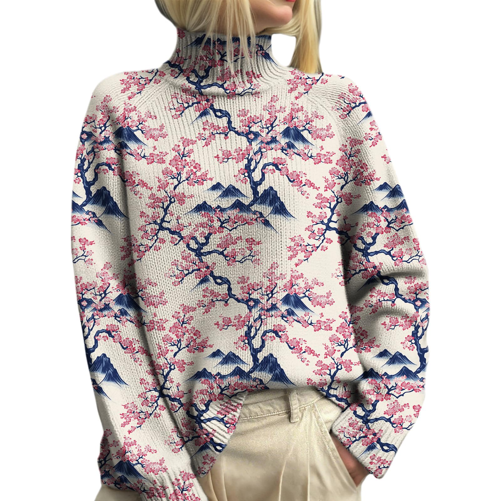 Fall Sweater for Women Floral Printed Mock Neck Long Sleeve Sweaters Dressy Casual Cute Pullover Knit Sweater Tops