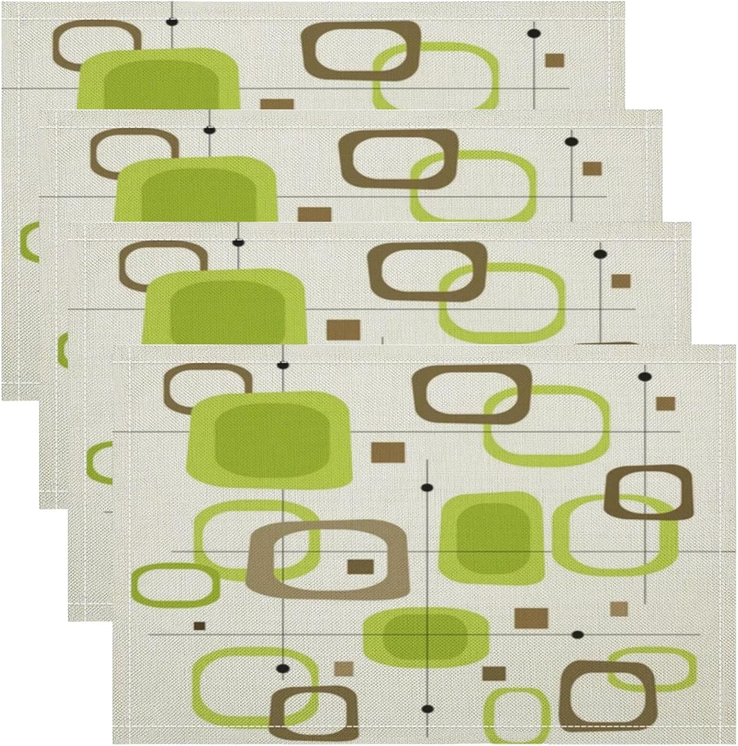 Mid Century Placemats Set of 8, 17x12 Inch Green Abstract Geometric Modern Art Print Table Mats for Home Party Kitchen Dining Decor