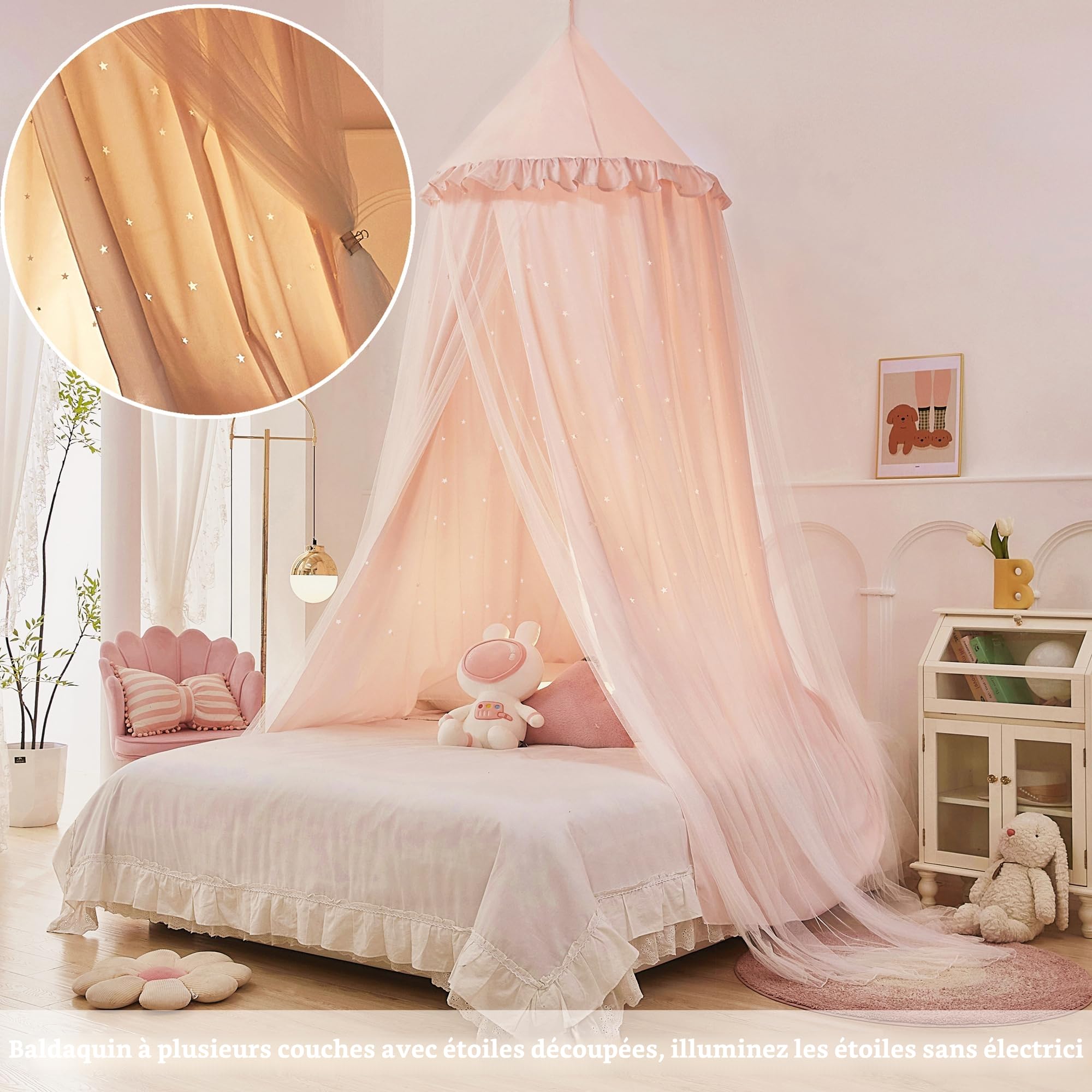 Baldaquin de lit princesse pour fille, double couche avec étoiles découpées, tissu respirant et lavable, convient pour lit double, tente féérique pour décoration de chambre