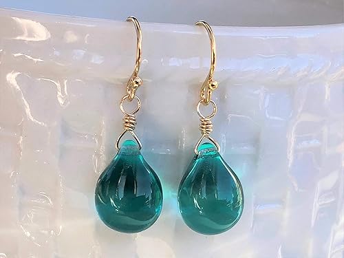 Miniatura 2 de Teal Green Glass Dangle Drop Wire Wrapped Earrings, Gold Jewelry, Elegant Gifts For Mom, Her, Women, Birthdays, Christmas, Holiday Unique Presents
