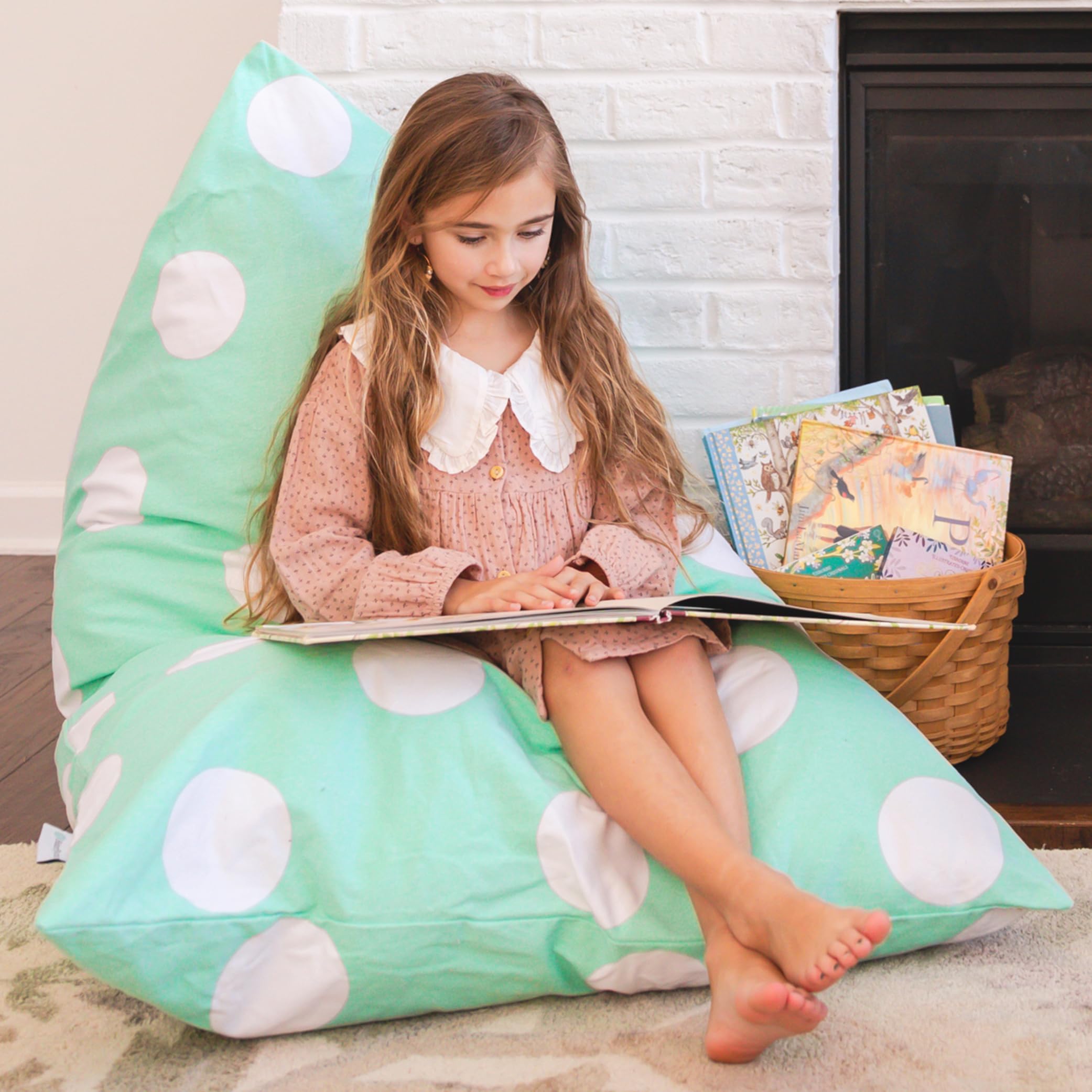 Butterfly Craze Kids Bean Bag Chair Cover - Zippered Plush Toy Organizer & Stuffed Animal Storage - Cozy Floor Lounger & Bean Bag Chairs for Kids - Aqua Polka Dots, 50 x 30 x 35 in