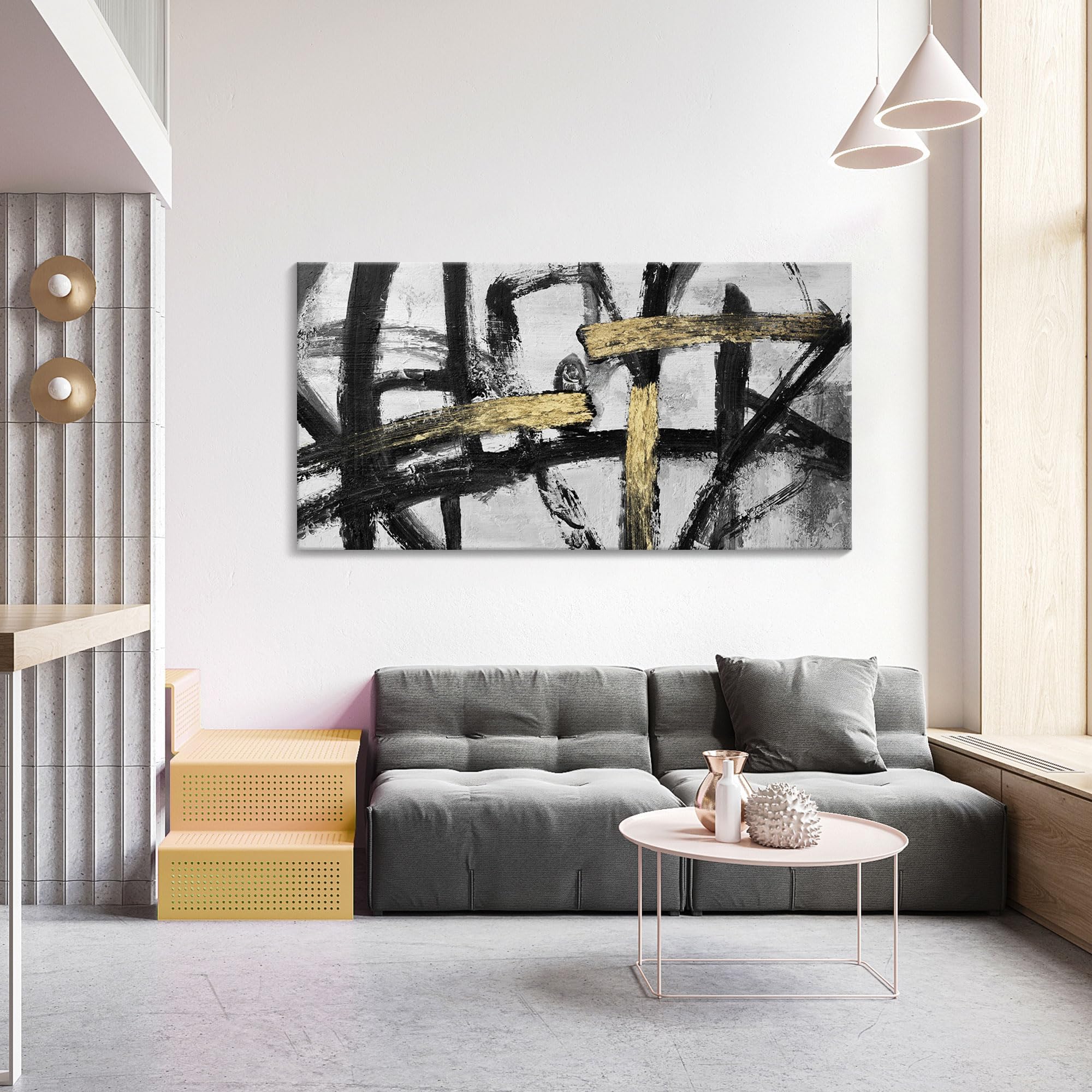 Black White and Gold Wall Art, Modern Paintings Abstract Graffiti Canvas Prints Artwork Black Grey Wall Pictures for Living Room Bedroom Bathroom Home Office Decor 20x40 In ( One in stock is GOLD FRAMED)